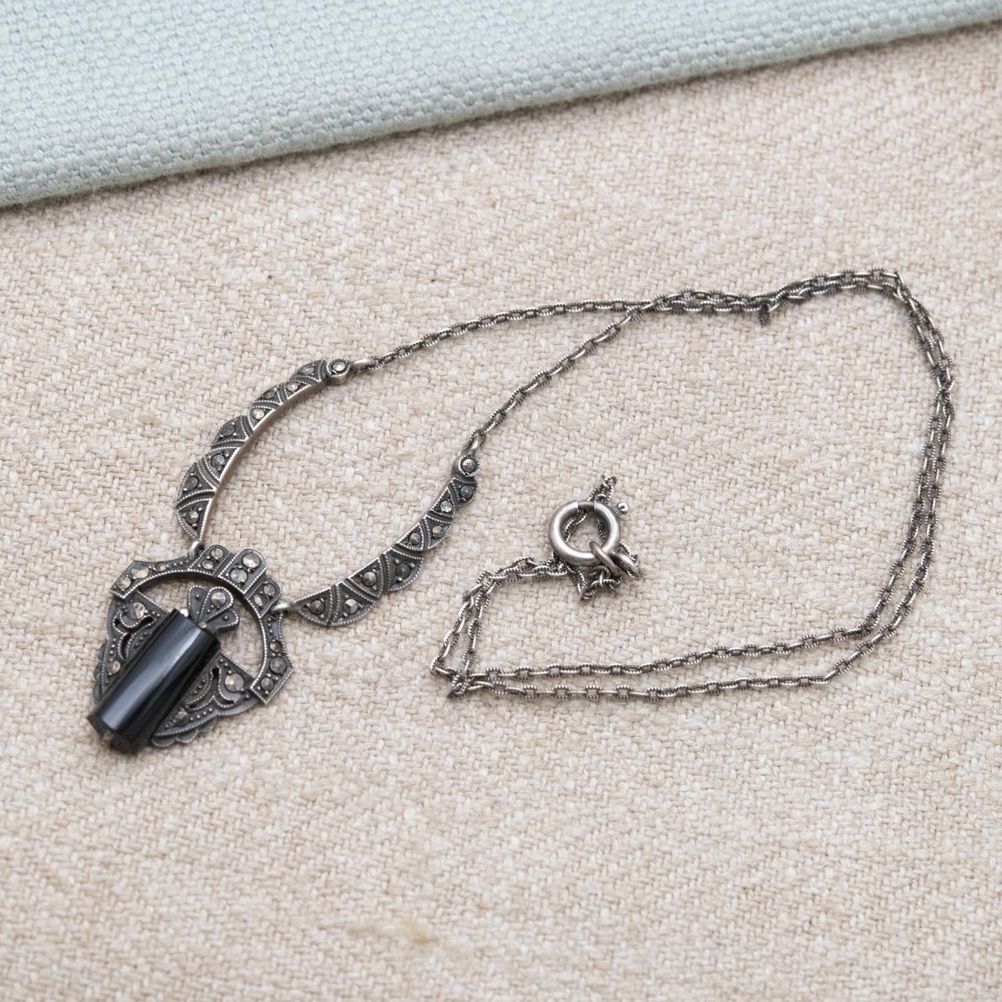 Vintage European Silver Onyx and Marcasite Necklace - Art Deco Style | Large Onyx Gemstone | Gift for Her