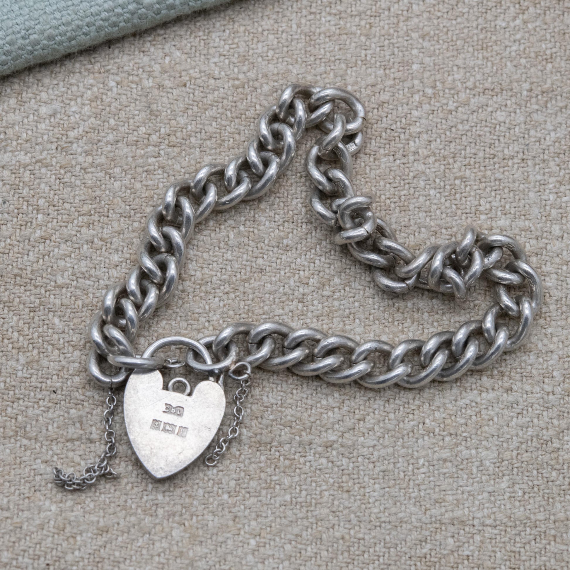 Vintage Sterling Silver Heart Padlock Clasp Chain Bracelet - Chunky Curb Links with Safety Chain | UK Hallmarks
