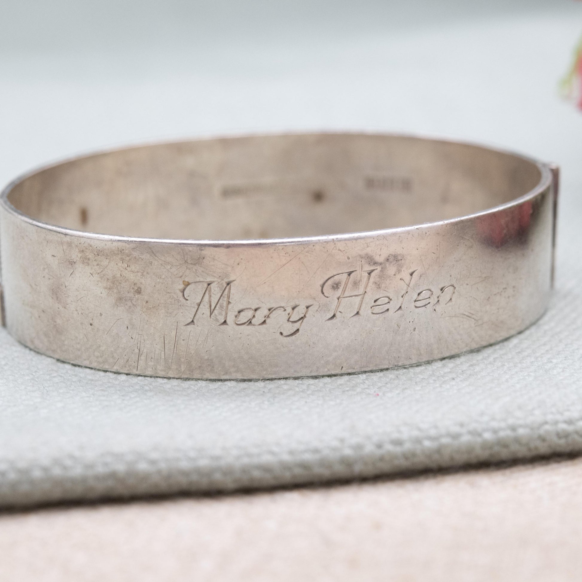 Vintage Sterling Silver Floral Engraved Name Bangle Bracelet 1972 - Mary Helen Name Bracelet | Chunky Victorian Aesthetic Scrolling Style