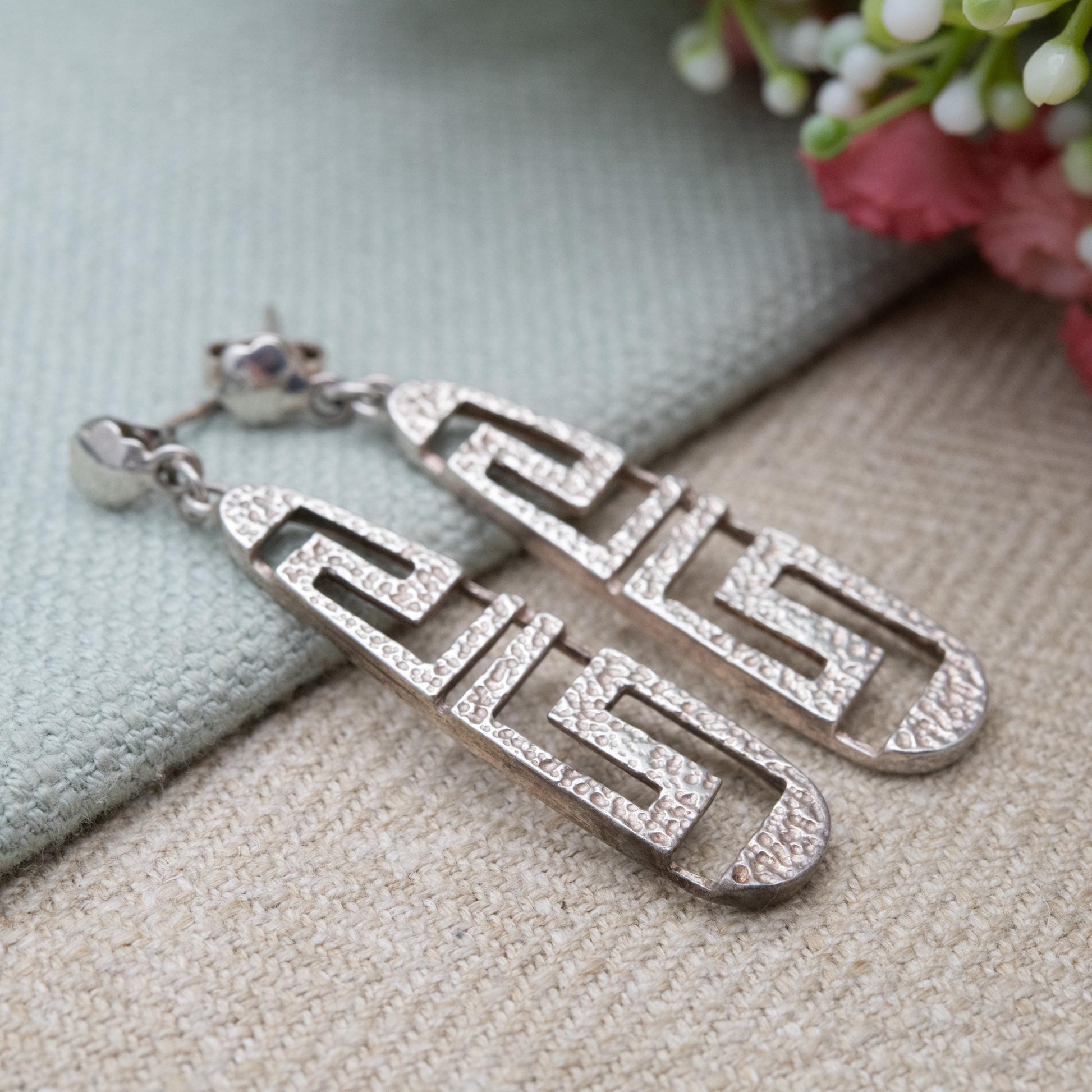 Vintage Greek Sterling Silver Meander Drop Earrings - Hammered Openwork Greek Key Maze Design