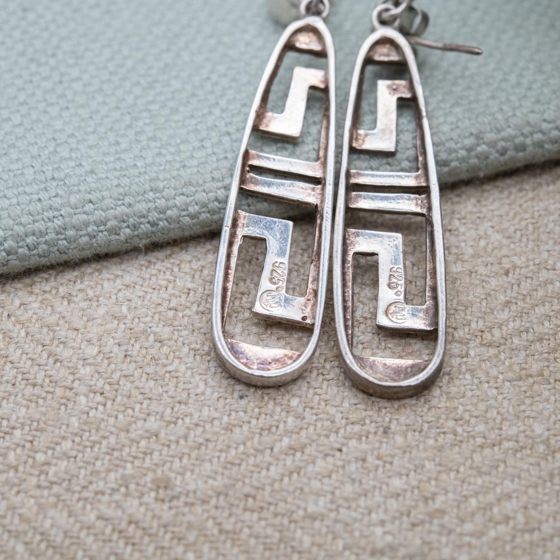 Vintage Greek Sterling Silver Meander Drop Earrings - Hammered Openwork Greek Key Maze Design