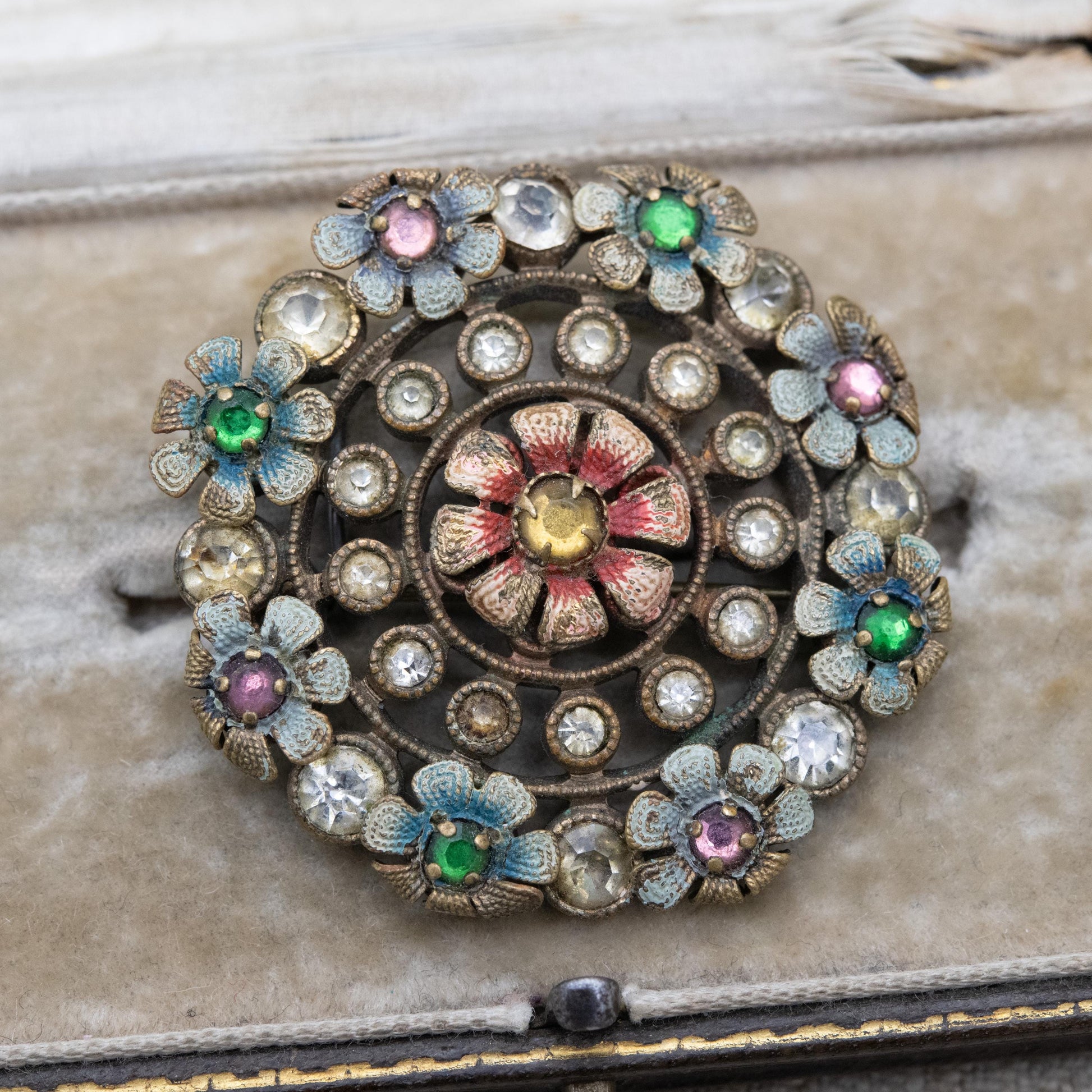 Antique Czech Enamel Flower Brooch with Paste Stones c. 1910s Edwardian Era