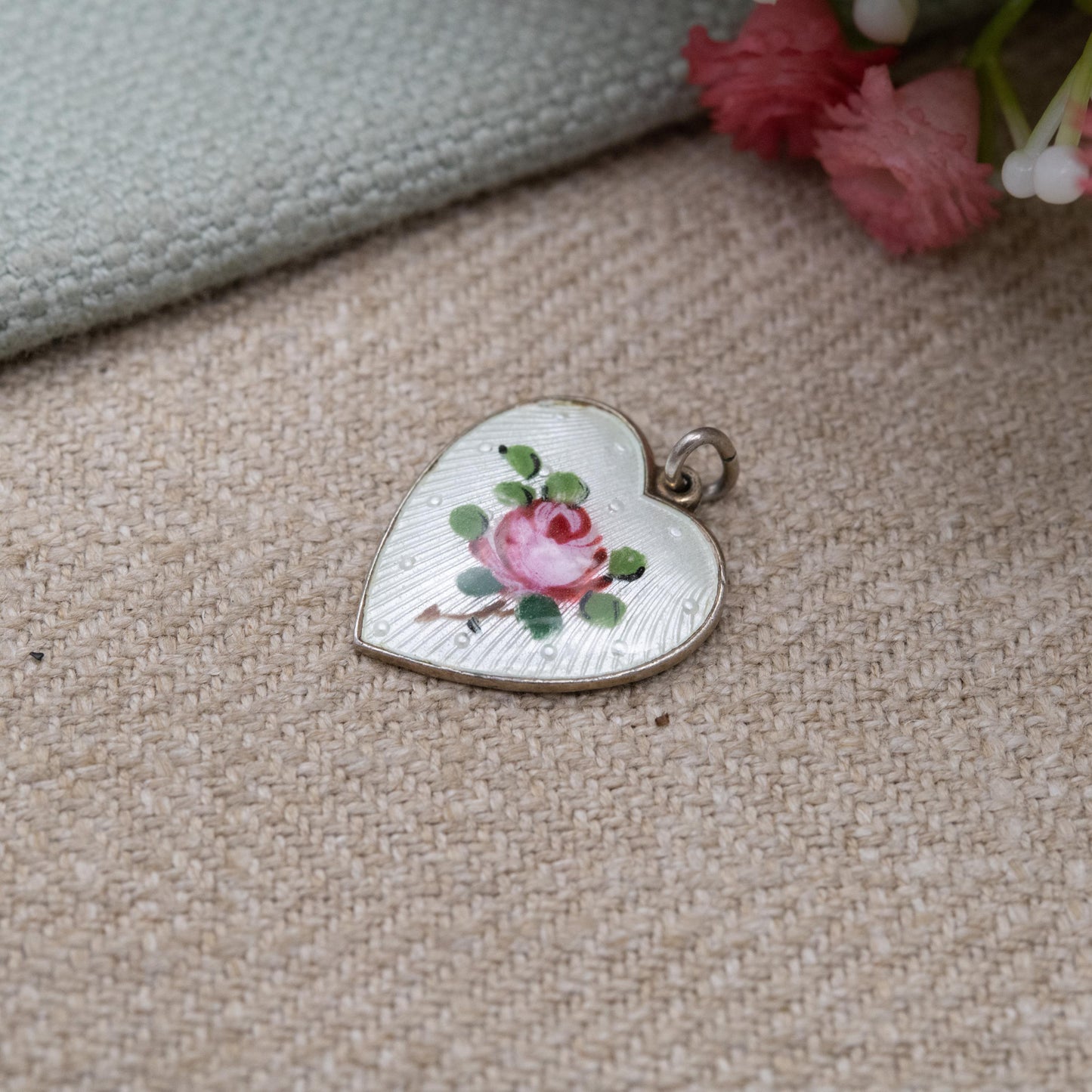 Vintage Norwegian Sterling Silver Heart Pendant with the Lord's Prayer by Ivar Holth c. 1950s - Guilloche Enamel Flower Charm Miniature Text