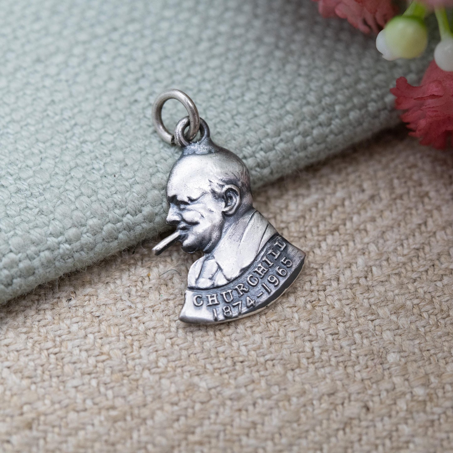 Vintage Sterling Silver Winston Churchill Charm c. 1960s - Commemorative British History Souvenir WWII Theme