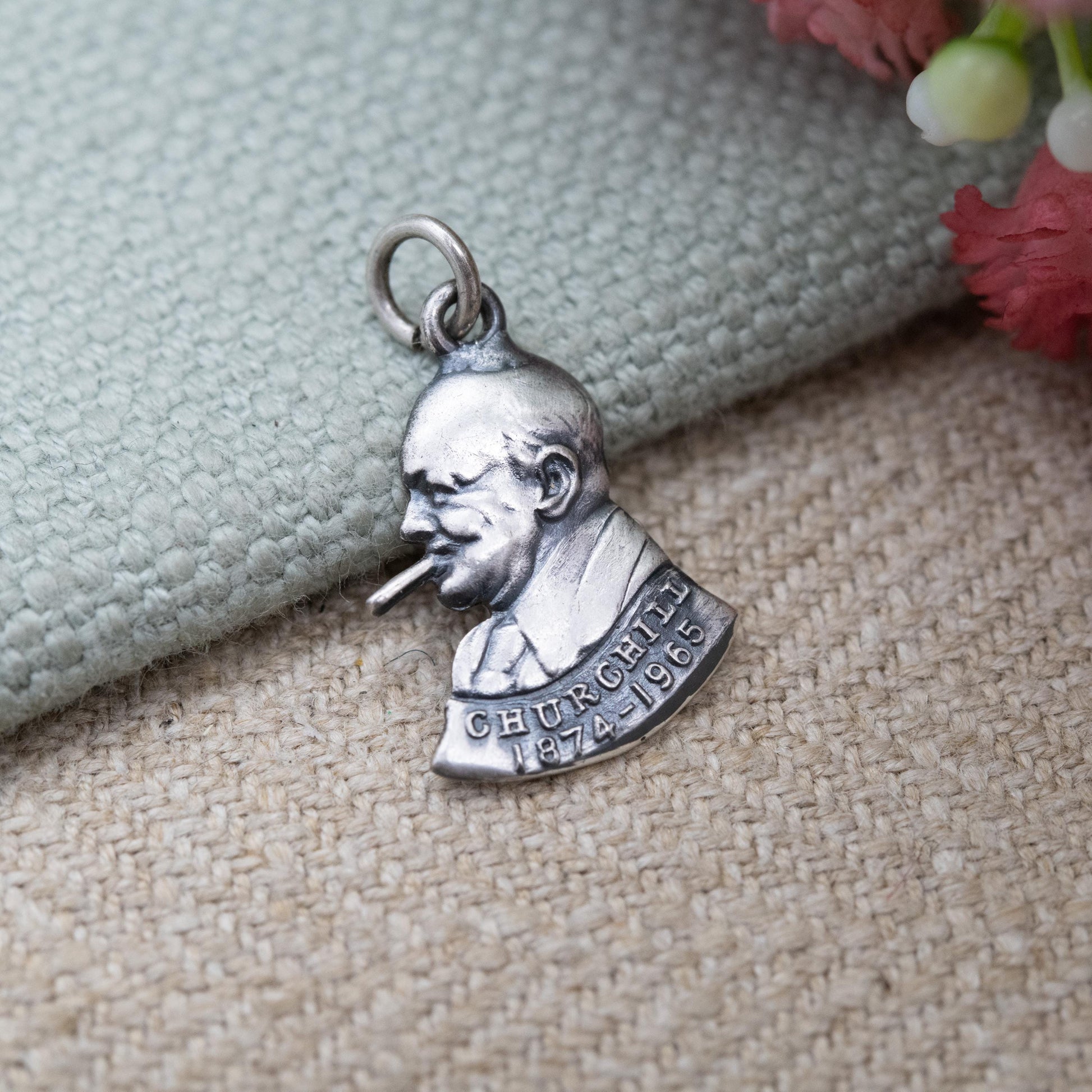 Vintage Sterling Silver Winston Churchill Charm c. 1960s - Commemorative British History Souvenir WWII Theme