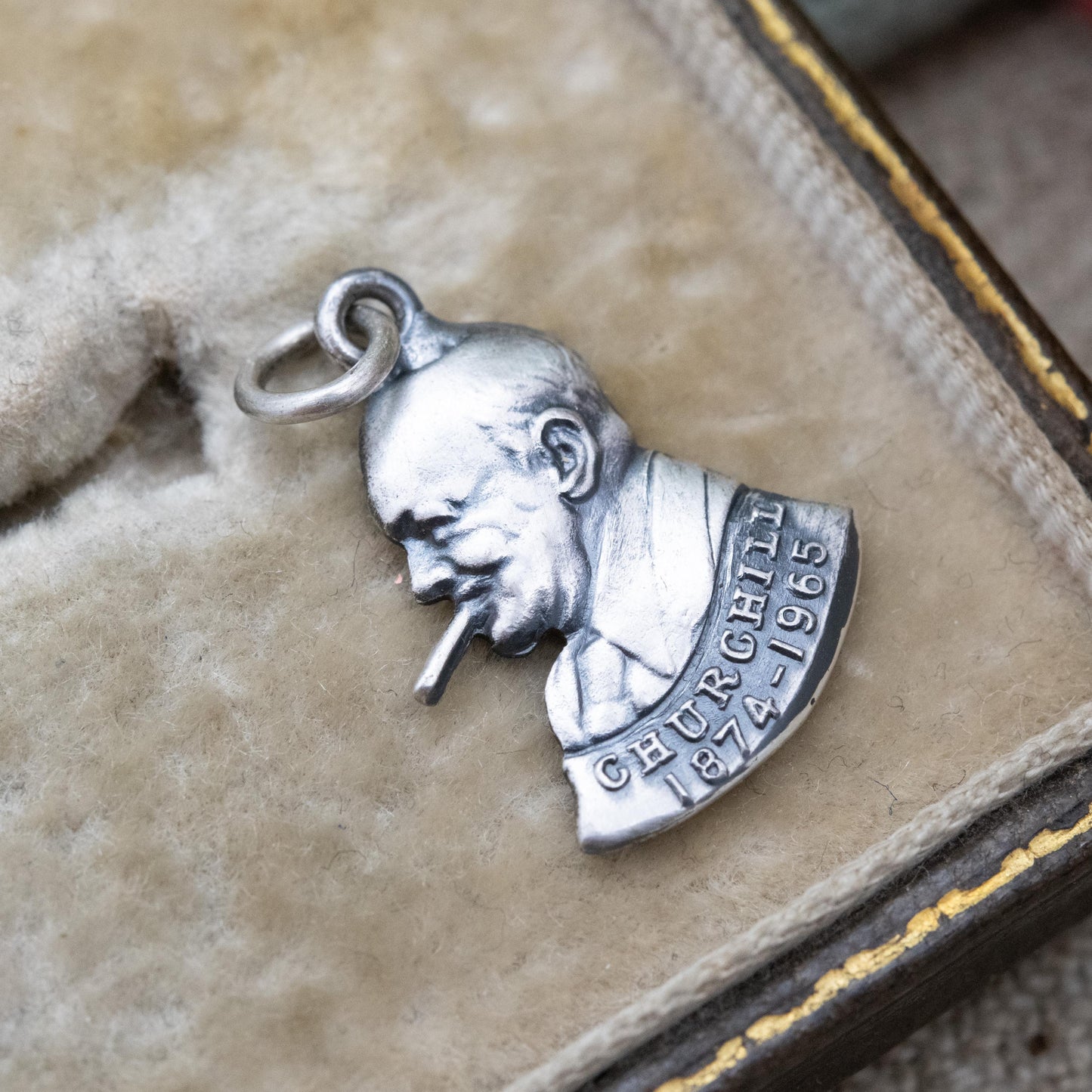Vintage Sterling Silver Winston Churchill Charm c. 1960s - Commemorative British History Souvenir WWII Theme