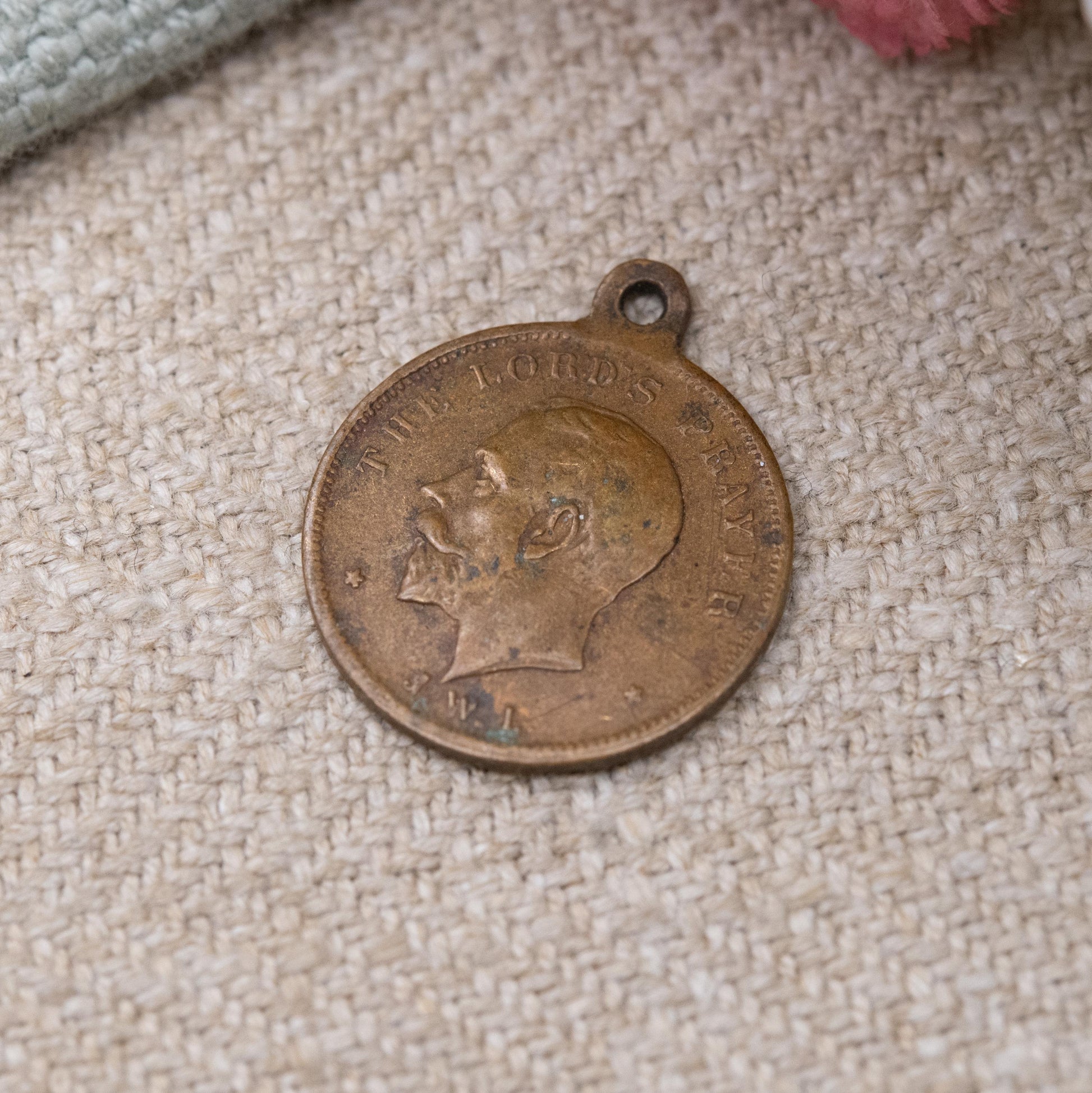 Vintage King George V Lord's Prayer Token Charm Pendant c. 1930s - Copper Coin with Miniature Text