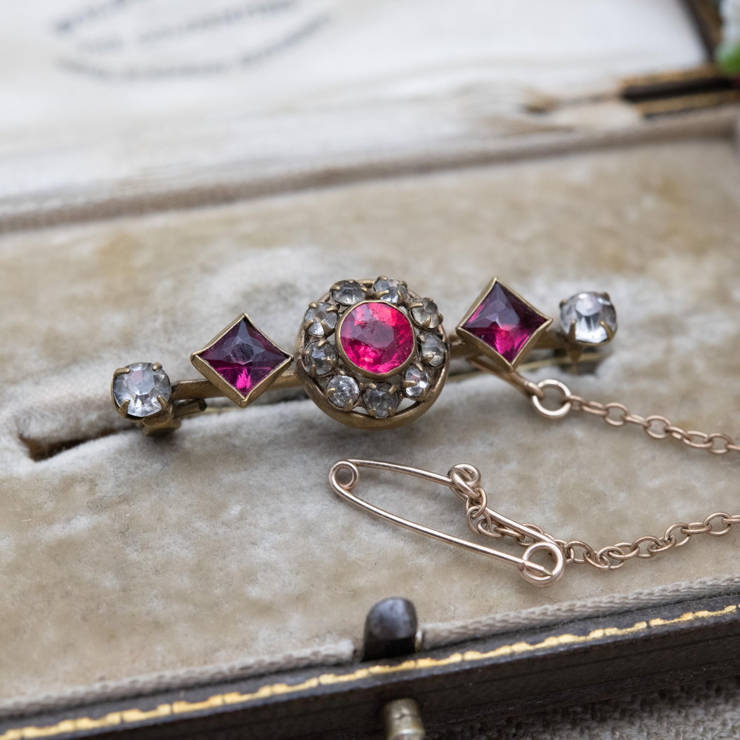 Antique Victorian Paste Bar Brooch c. 1900 - Imitation Ruby and Diamond Glass Stones