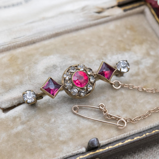 Antique Victorian Paste Bar Brooch c. 1900 - Imitation Ruby and Diamond Glass Stones