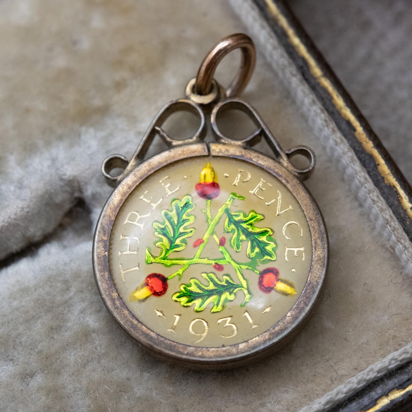 Vintage Enamel Silver 1931 George V Three Pence Coin Pendant in Sterling Silver Mount by Kollmar & Jourdan