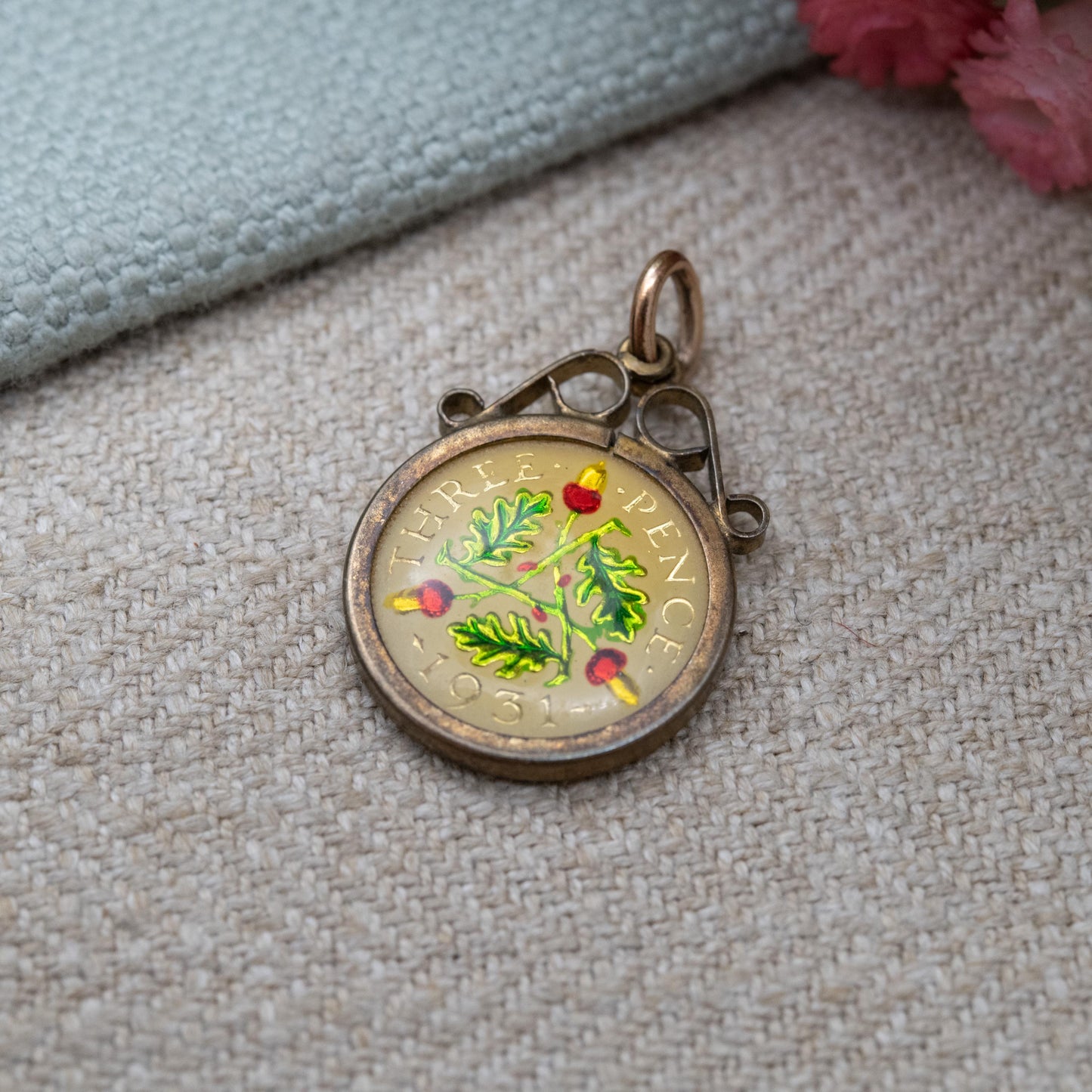 Vintage Enamel Silver 1931 George V Three Pence Coin Pendant in Sterling Silver Mount by Kollmar & Jourdan
