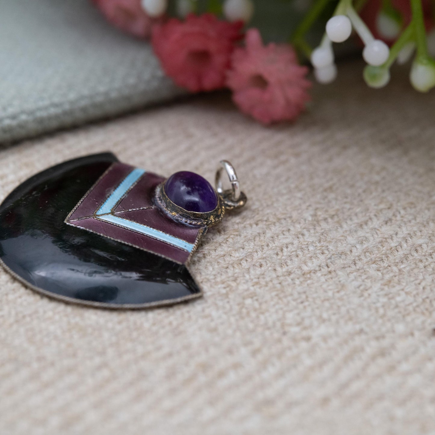 Sterling Silver Enamel Amethyst Pendant with Art Deco Style Fan Shape