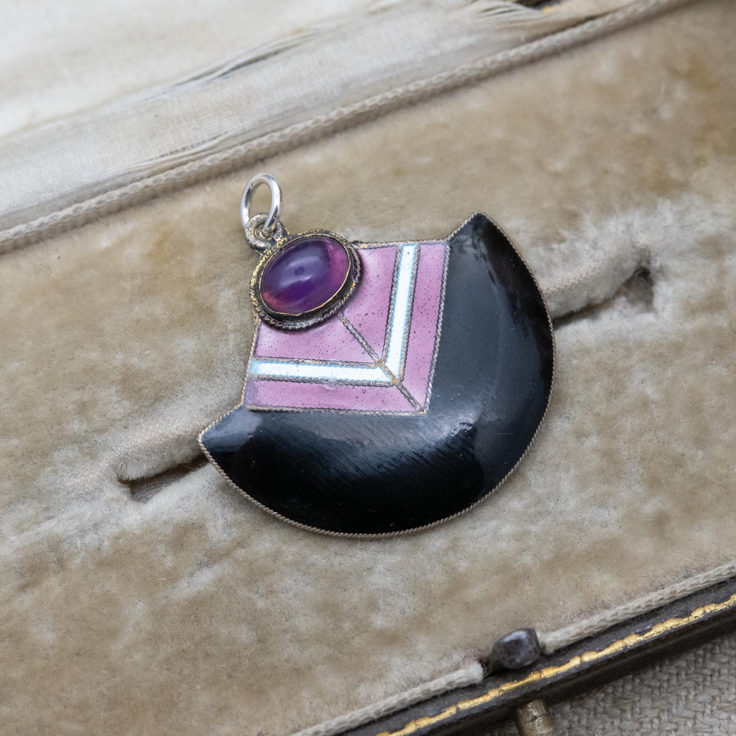 Sterling Silver Enamel Amethyst Pendant with Art Deco Style Fan Shape