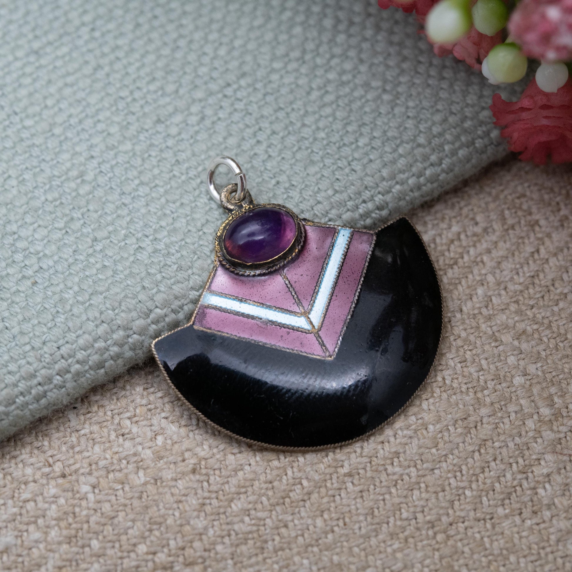 Sterling Silver Enamel Amethyst Pendant with Art Deco Style Fan Shape