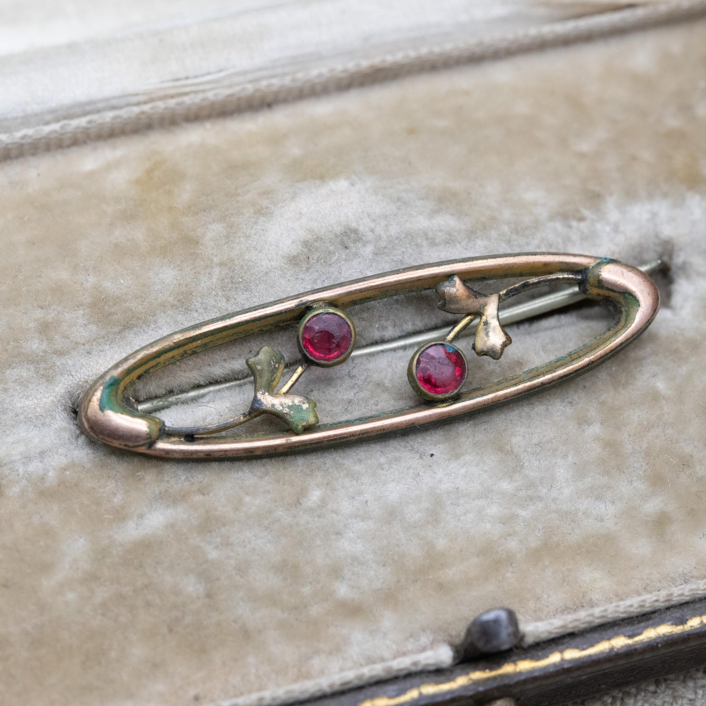 Antique Edwardian Rolled Gold Bar Brooch with Red Paste Two Flower Design