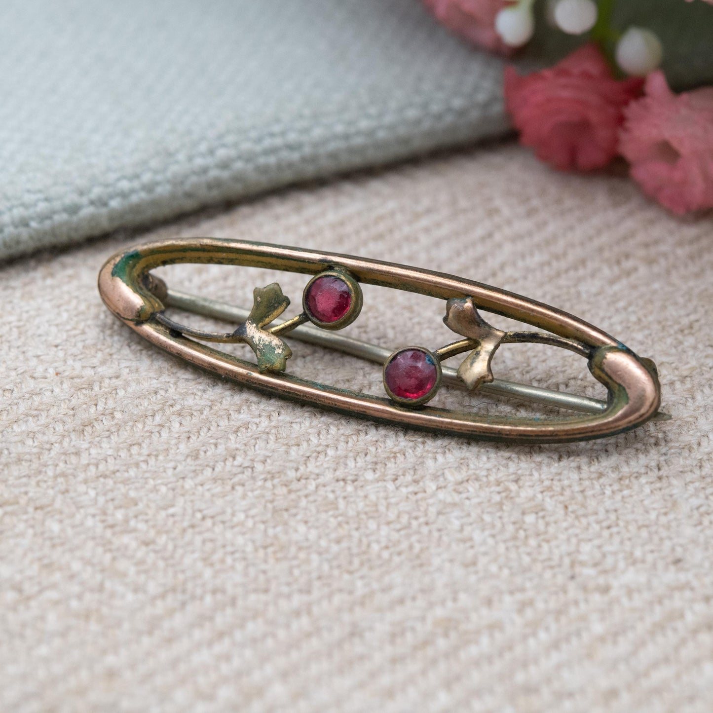 Antique Edwardian Rolled Gold Bar Brooch with Red Paste Two Flower Design