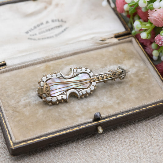 Antique Victorian Violin Brooch with Mother of Pearl c. 1900 - Novelty Musical Instrument Jewellery