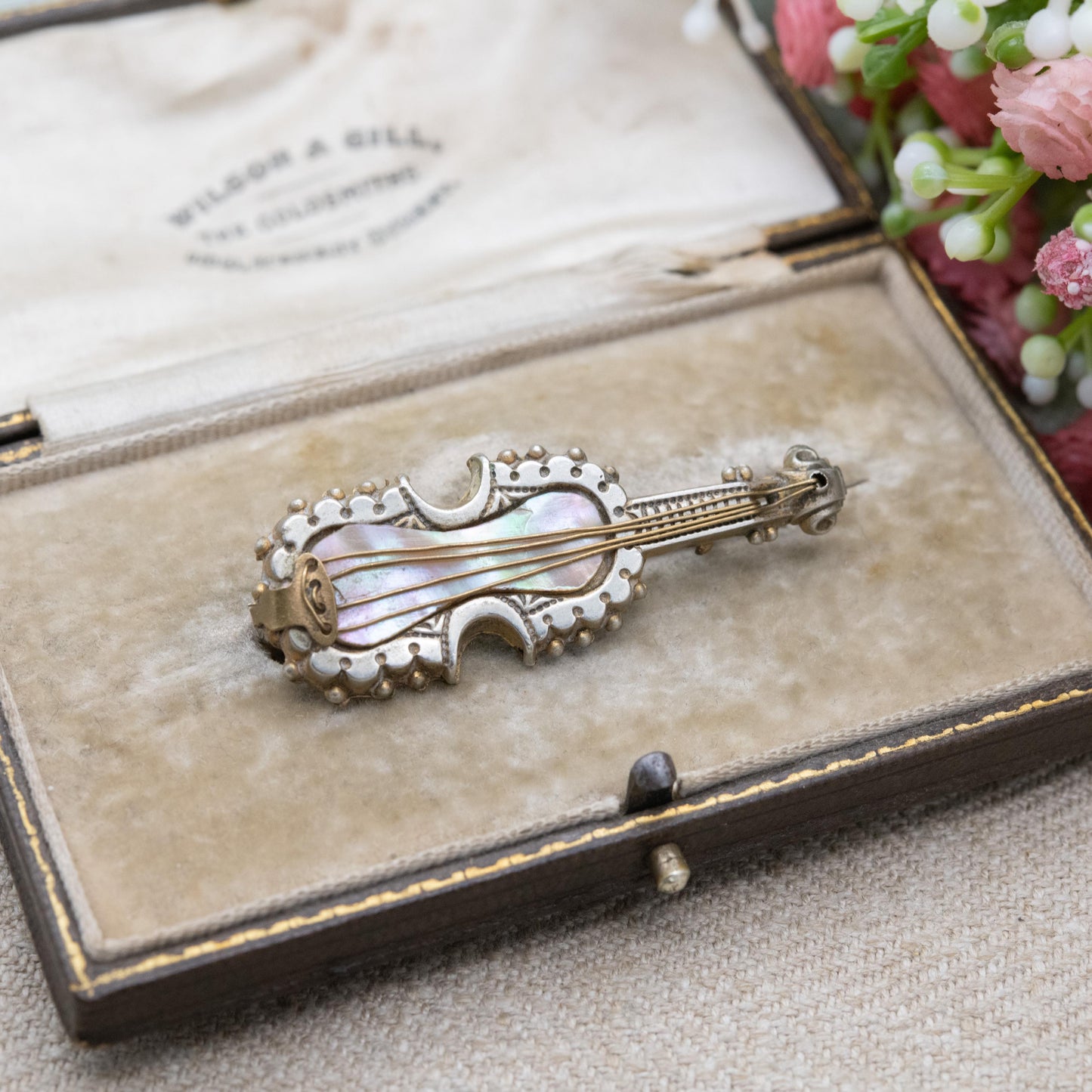 Antique Victorian Violin Brooch with Mother of Pearl c. 1900 - Novelty Musical Instrument Jewellery