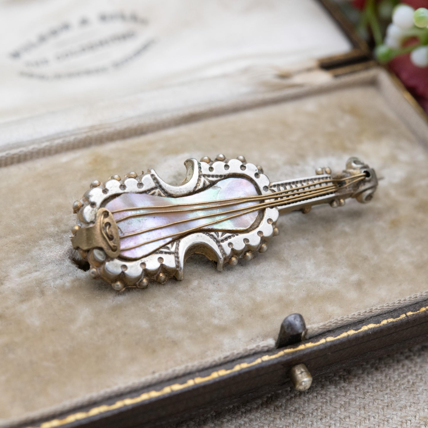 Antique Victorian Violin Brooch with Mother of Pearl c. 1900 - Novelty Musical Instrument Jewellery