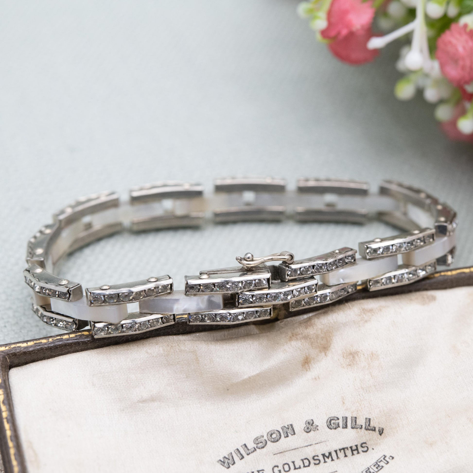 Vintage Mother of Pearl and Rhinestone Panel Bracelet with Hidden Clasp c. 1960s