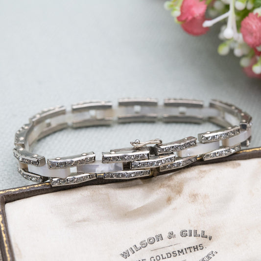 Vintage Mother of Pearl and Rhinestone Panel Bracelet with Hidden Clasp c. 1960s