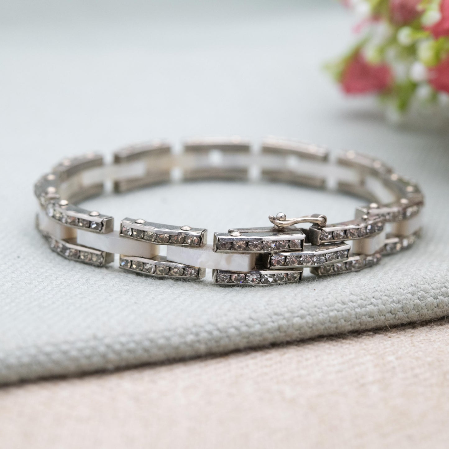 Vintage Mother of Pearl and Rhinestone Panel Bracelet with Hidden Clasp c. 1960s