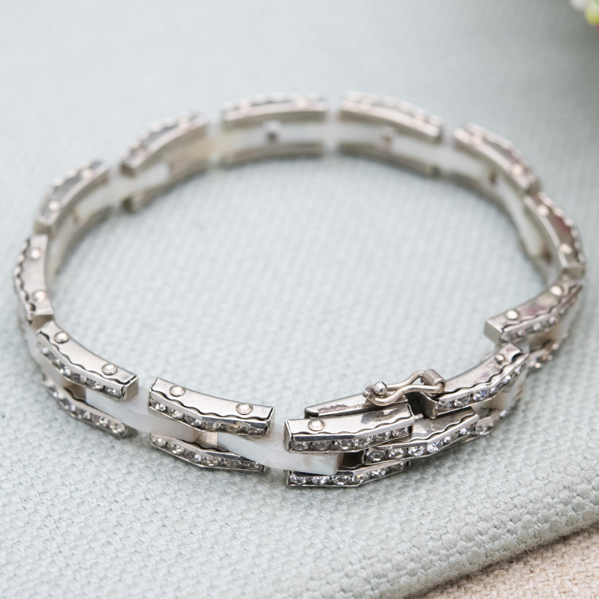 Vintage Mother of Pearl and Rhinestone Panel Bracelet with Hidden Clasp c. 1960s