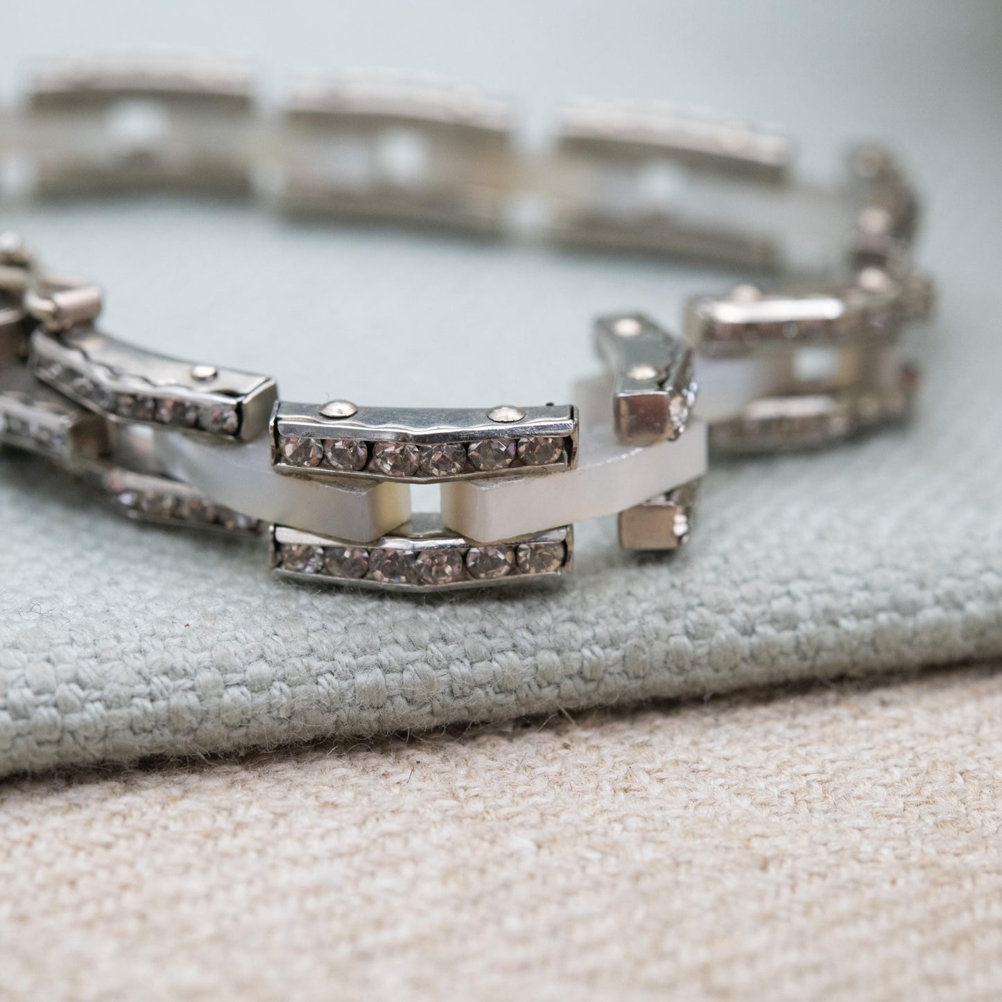 Vintage Mother of Pearl and Rhinestone Panel Bracelet with Hidden Clasp c. 1960s