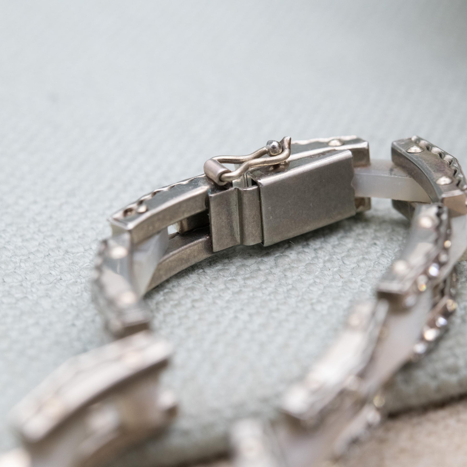 Vintage Mother of Pearl and Rhinestone Panel Bracelet with Hidden Clasp c. 1960s