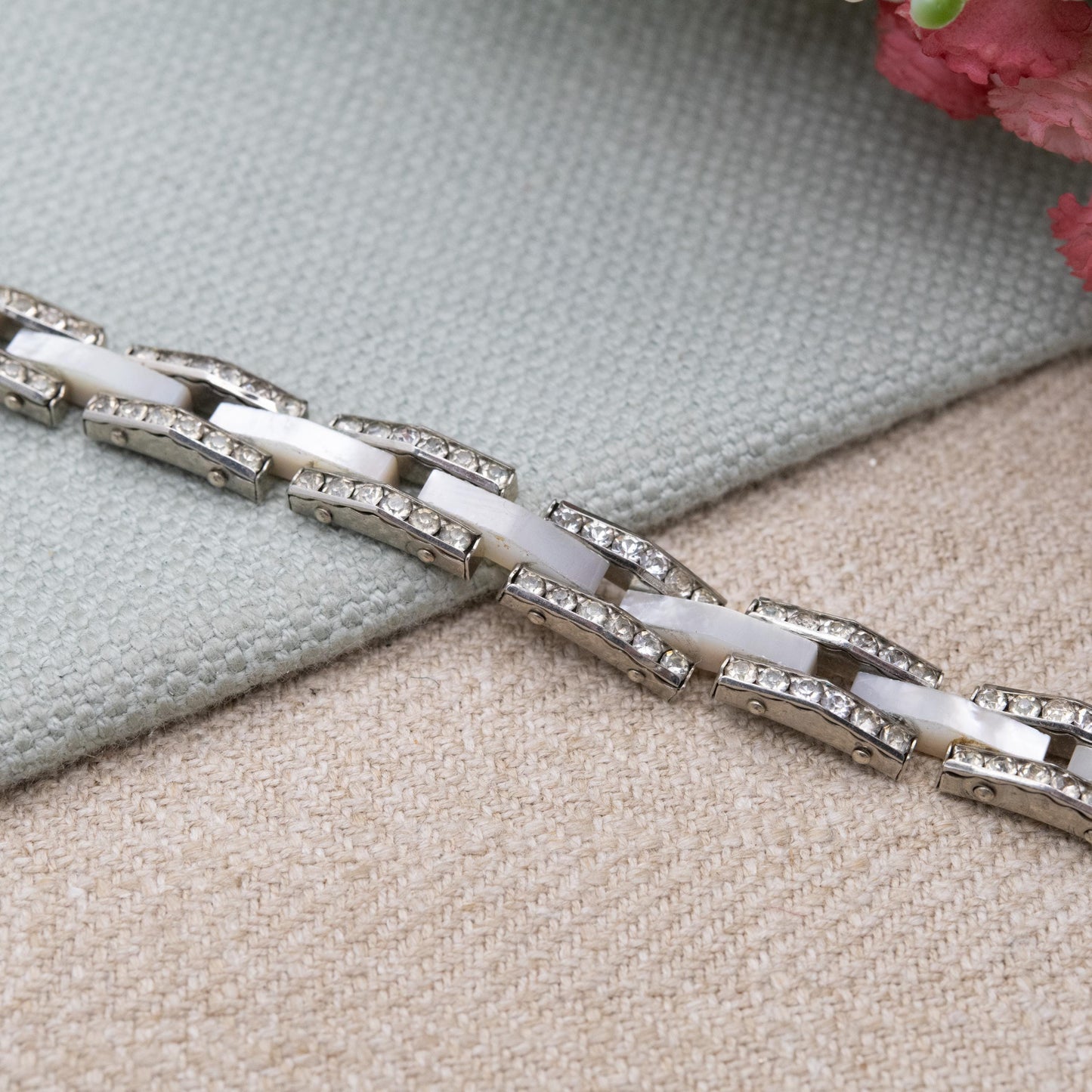 Vintage Mother of Pearl and Rhinestone Panel Bracelet with Hidden Clasp c. 1960s