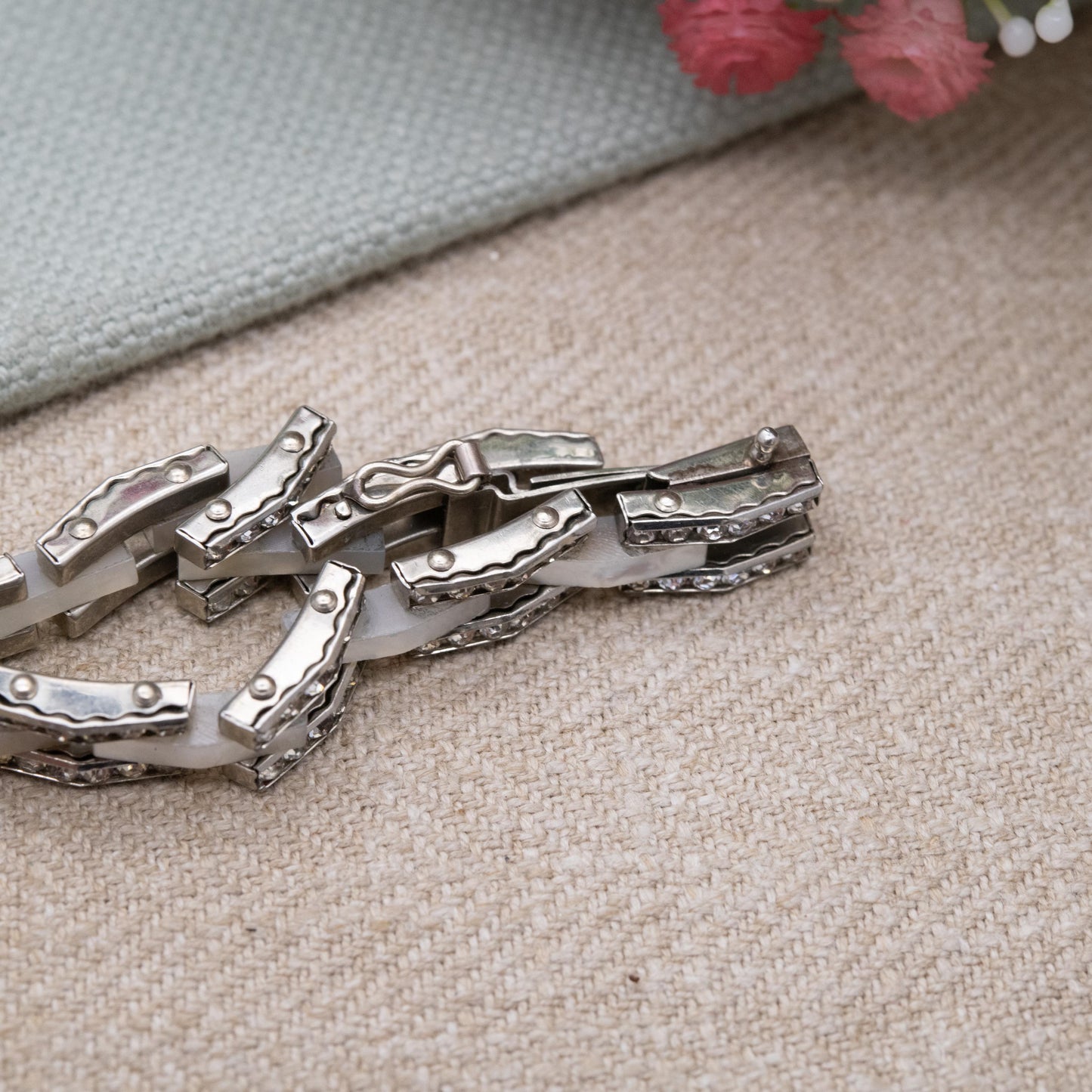 Vintage Mother of Pearl and Rhinestone Panel Bracelet with Hidden Clasp c. 1960s