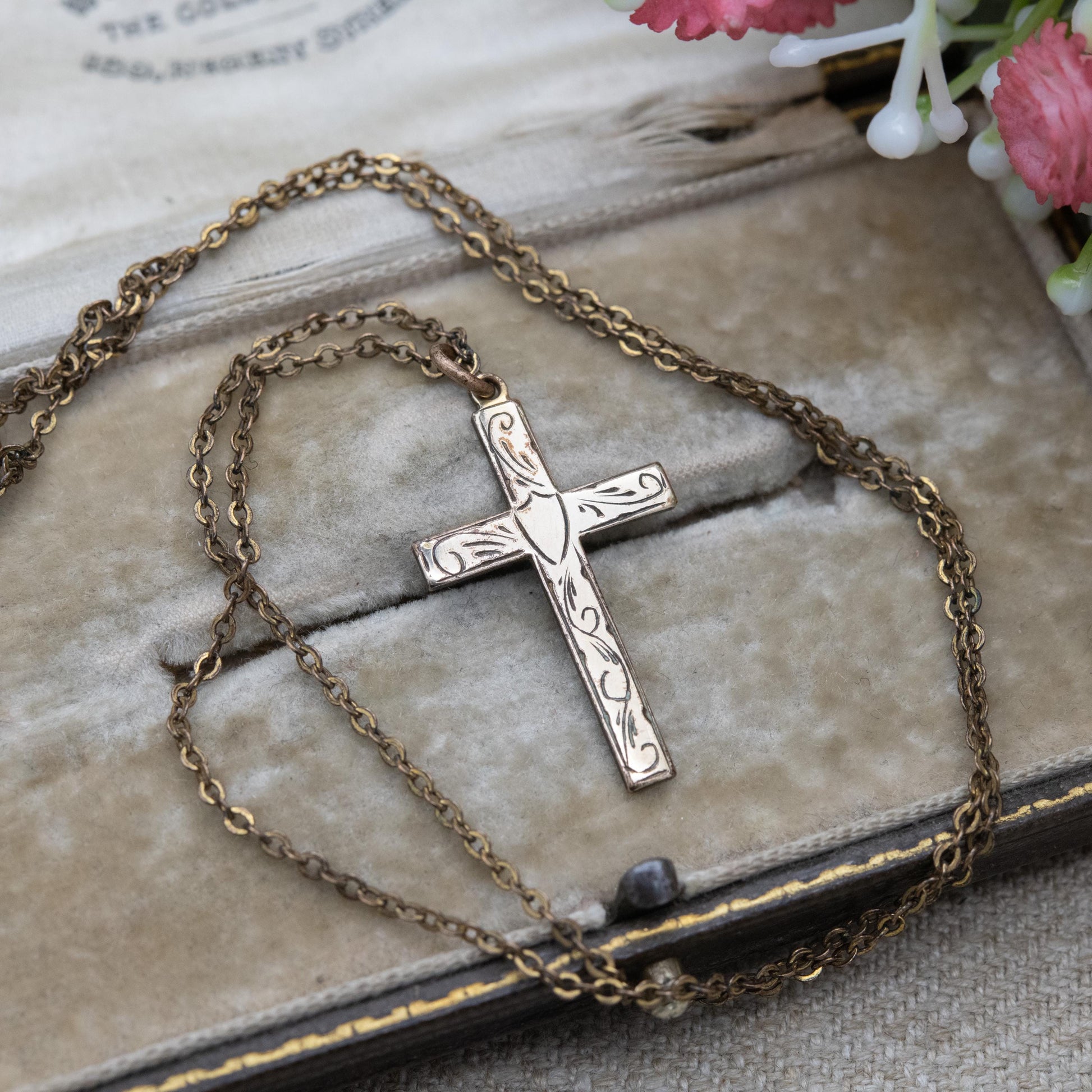 Vintage Rolled Gold Cross Pendant Necklace c. 1970s AJH with Hand Engraved Shield Design