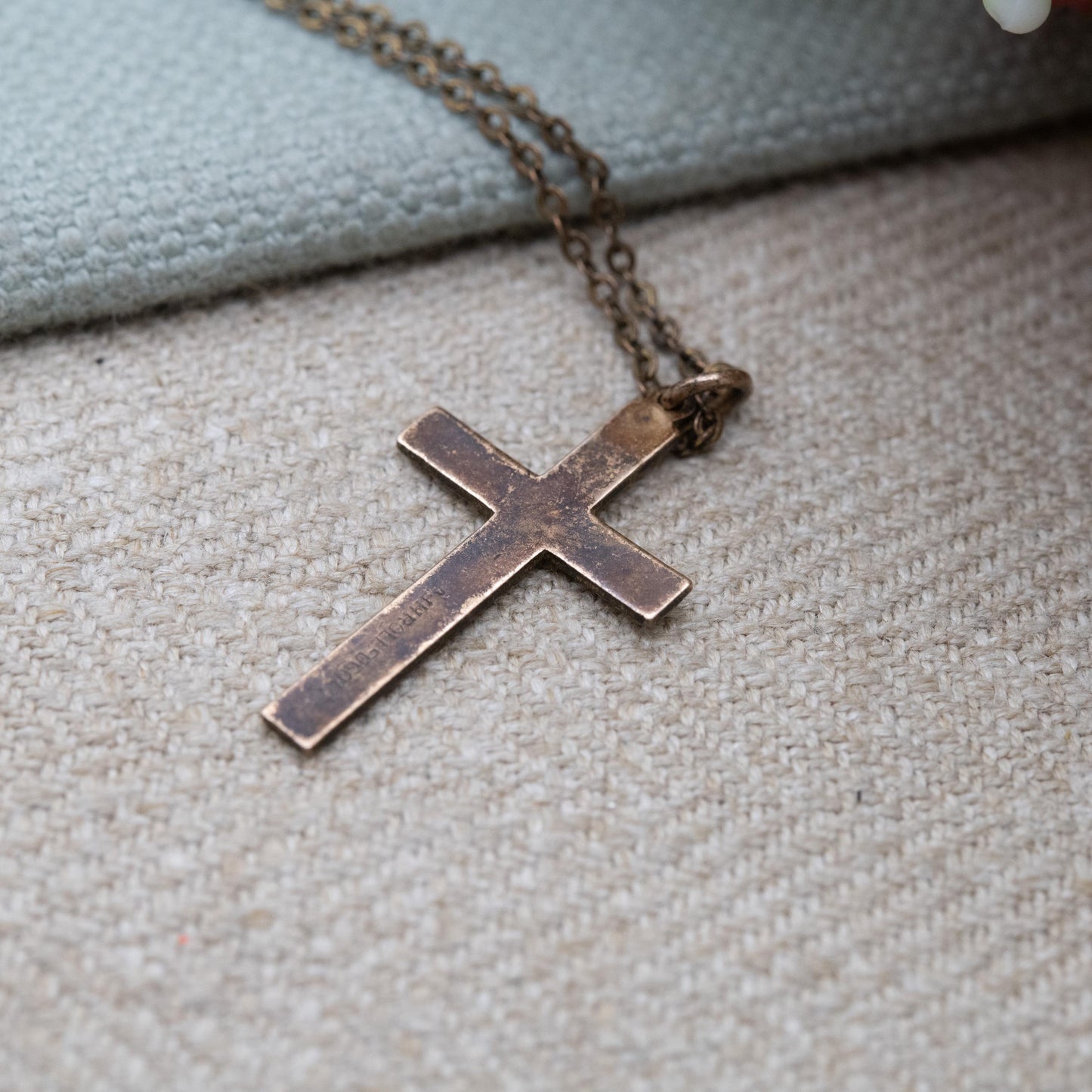 Vintage Rolled Gold Cross Pendant Necklace c. 1970s AJH with Hand Engraved Shield Design