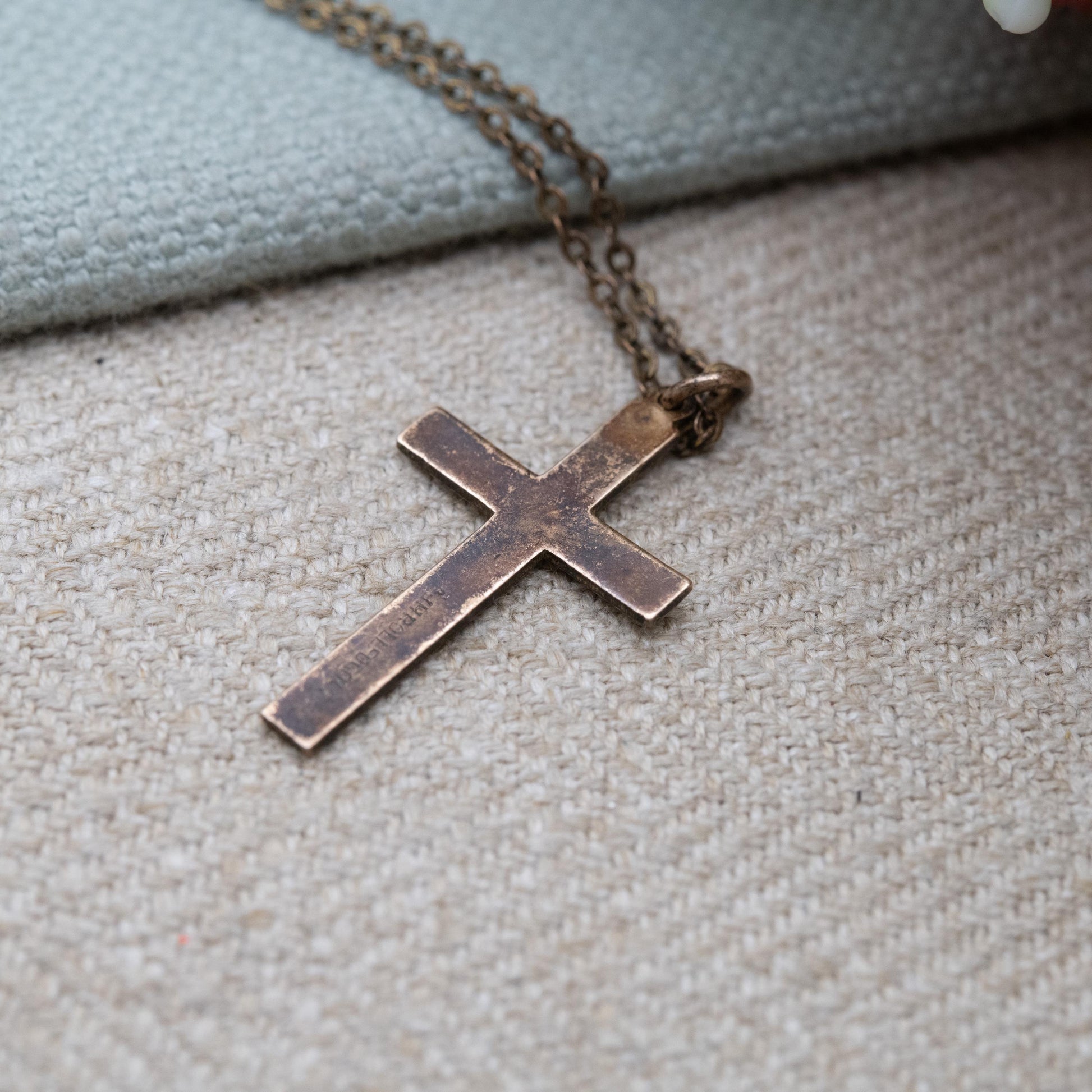 Vintage Rolled Gold Cross Pendant Necklace c. 1970s AJH with Hand Engraved Shield Design