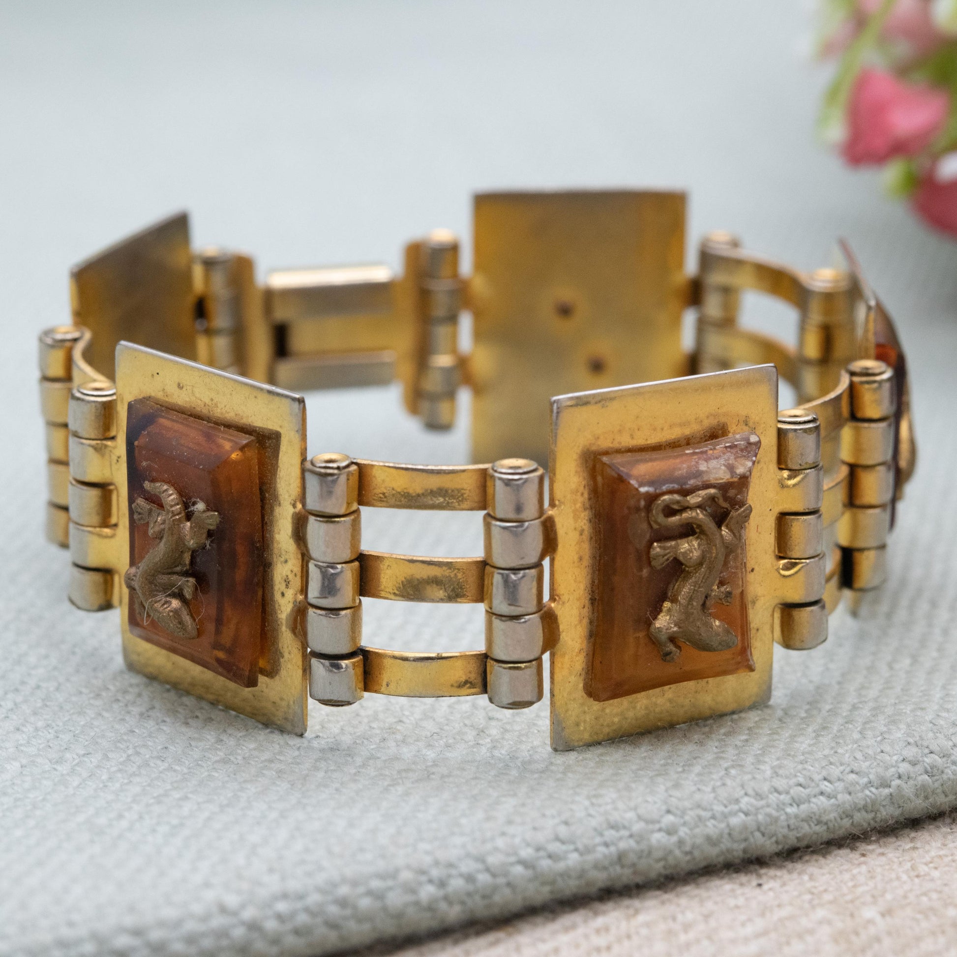 Vintage Jean Painlevé Salamander Bracelet c. 1920s Art Deco Jewellery with Early Plastic Tortoiseshell Bakelite