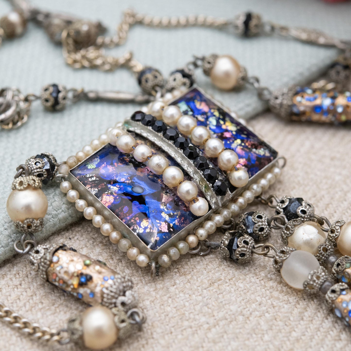 Vintage Czech Foiled Glass Necklace with Faux Pearls and Tassel Drop c. 1930s