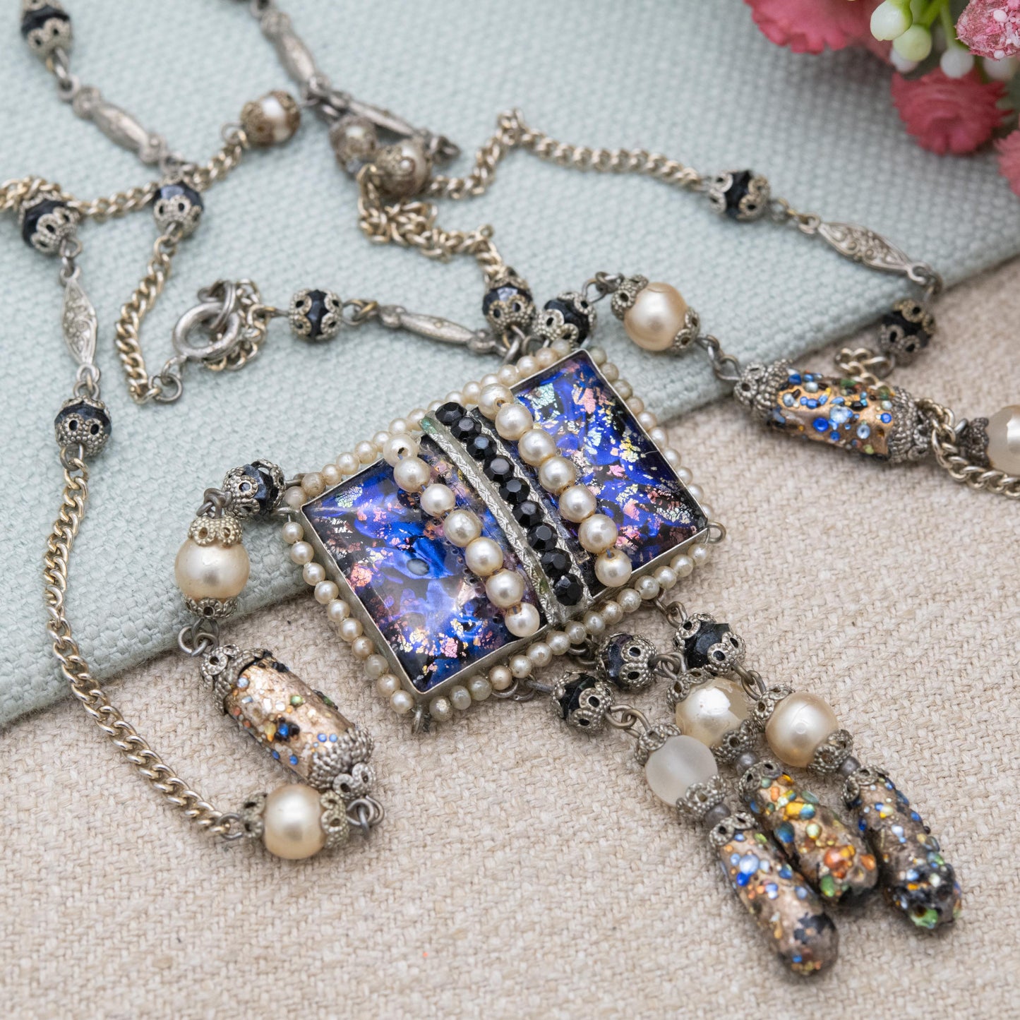 Vintage Czech Foiled Glass Necklace with Faux Pearls and Tassel Drop c. 1930s