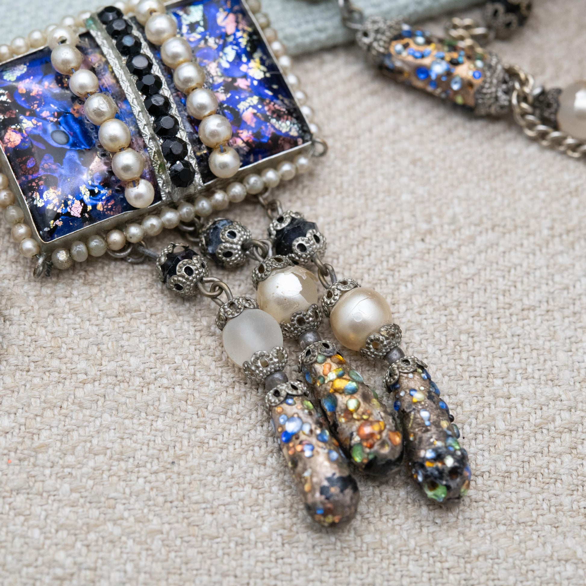 Vintage Czech Foiled Glass Necklace with Faux Pearls and Tassel Drop c. 1930s