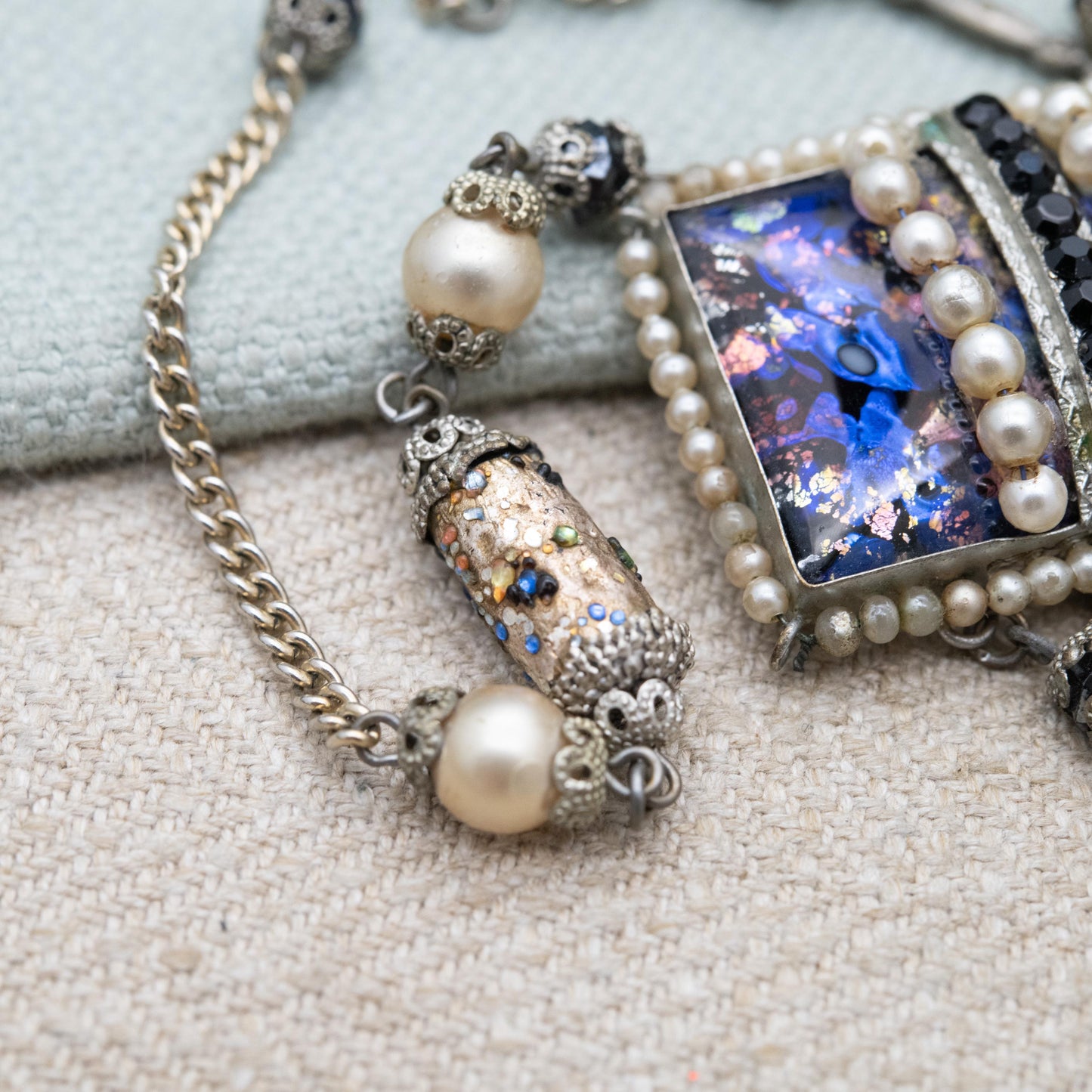 Vintage Czech Foiled Glass Necklace with Faux Pearls and Tassel Drop c. 1930s