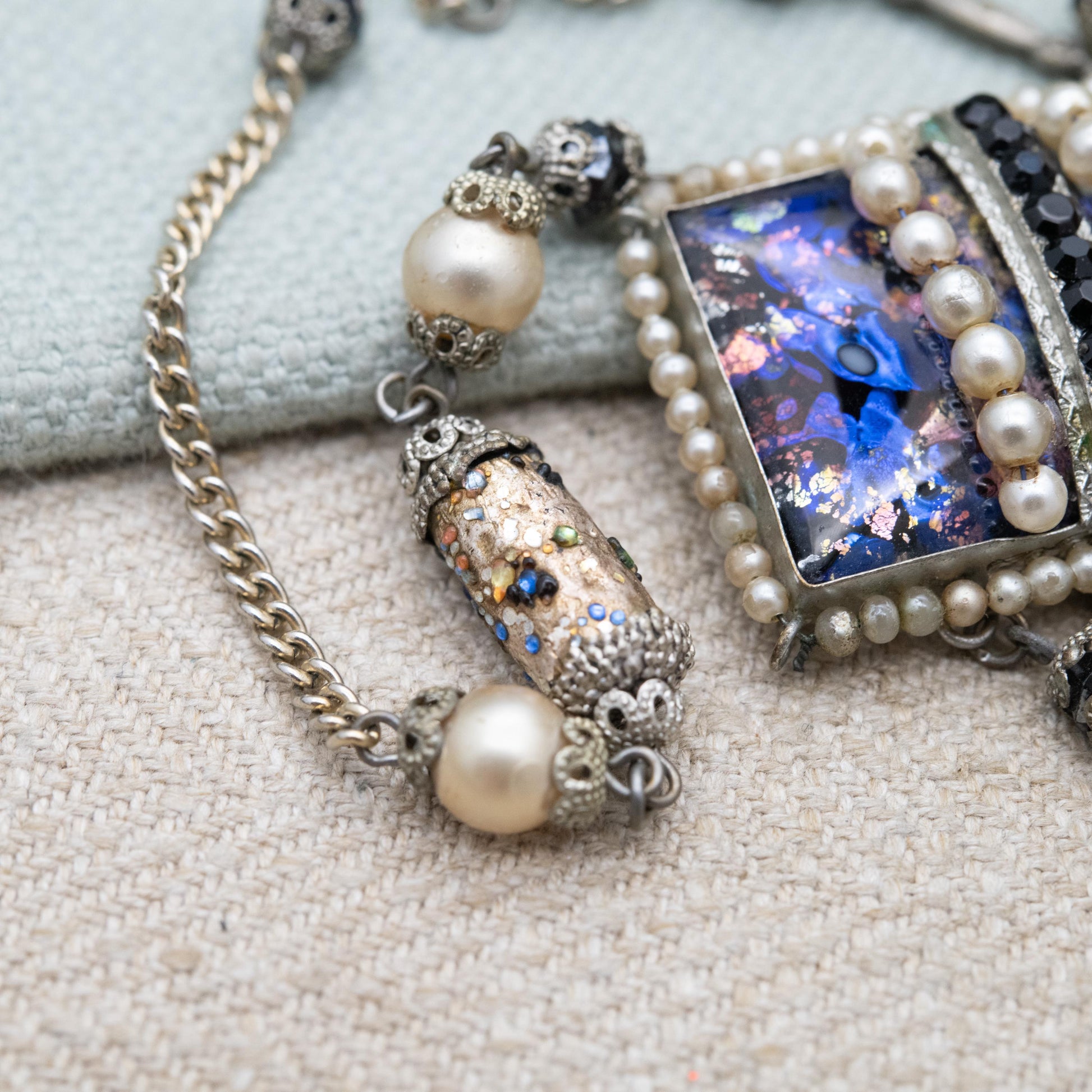 Vintage Czech Foiled Glass Necklace with Faux Pearls and Tassel Drop c. 1930s