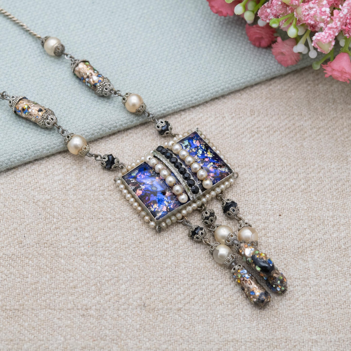 Vintage Czech Foiled Glass Necklace with Faux Pearls and Tassel Drop c. 1930s