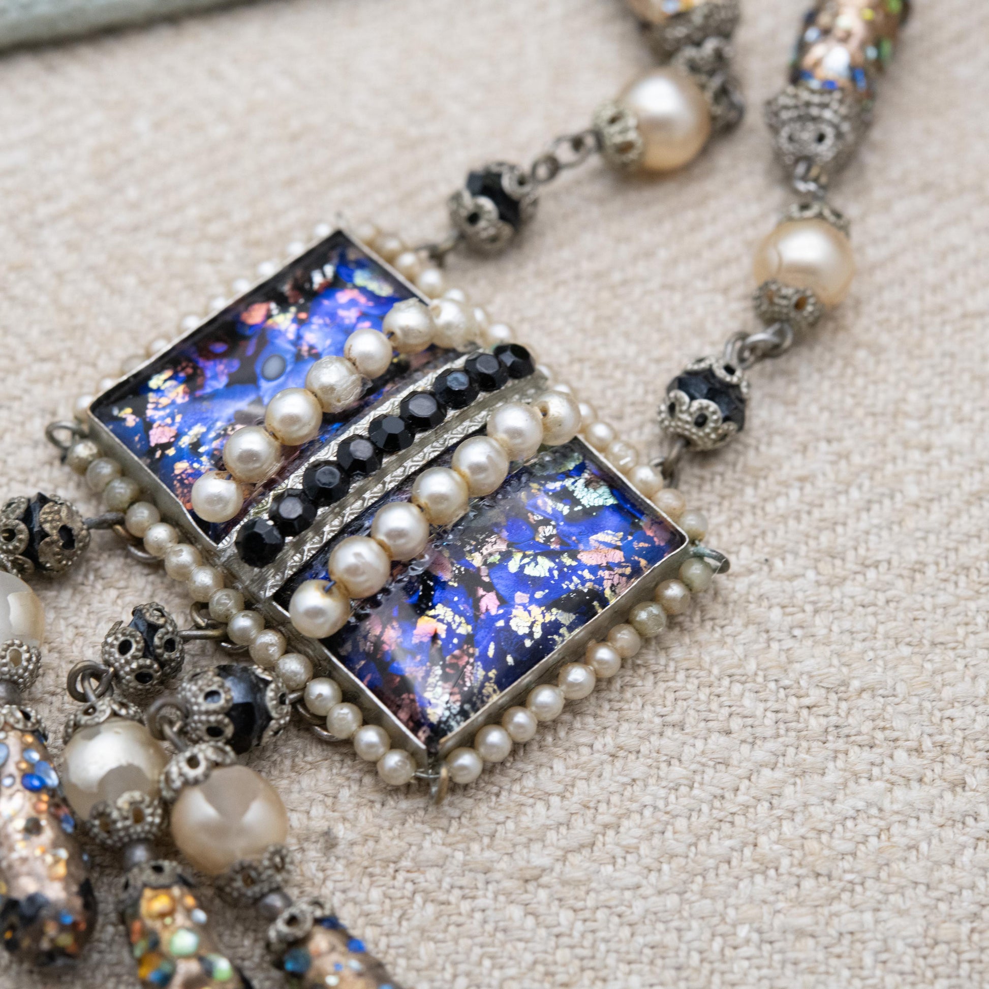 Vintage Czech Foiled Glass Necklace with Faux Pearls and Tassel Drop c. 1930s