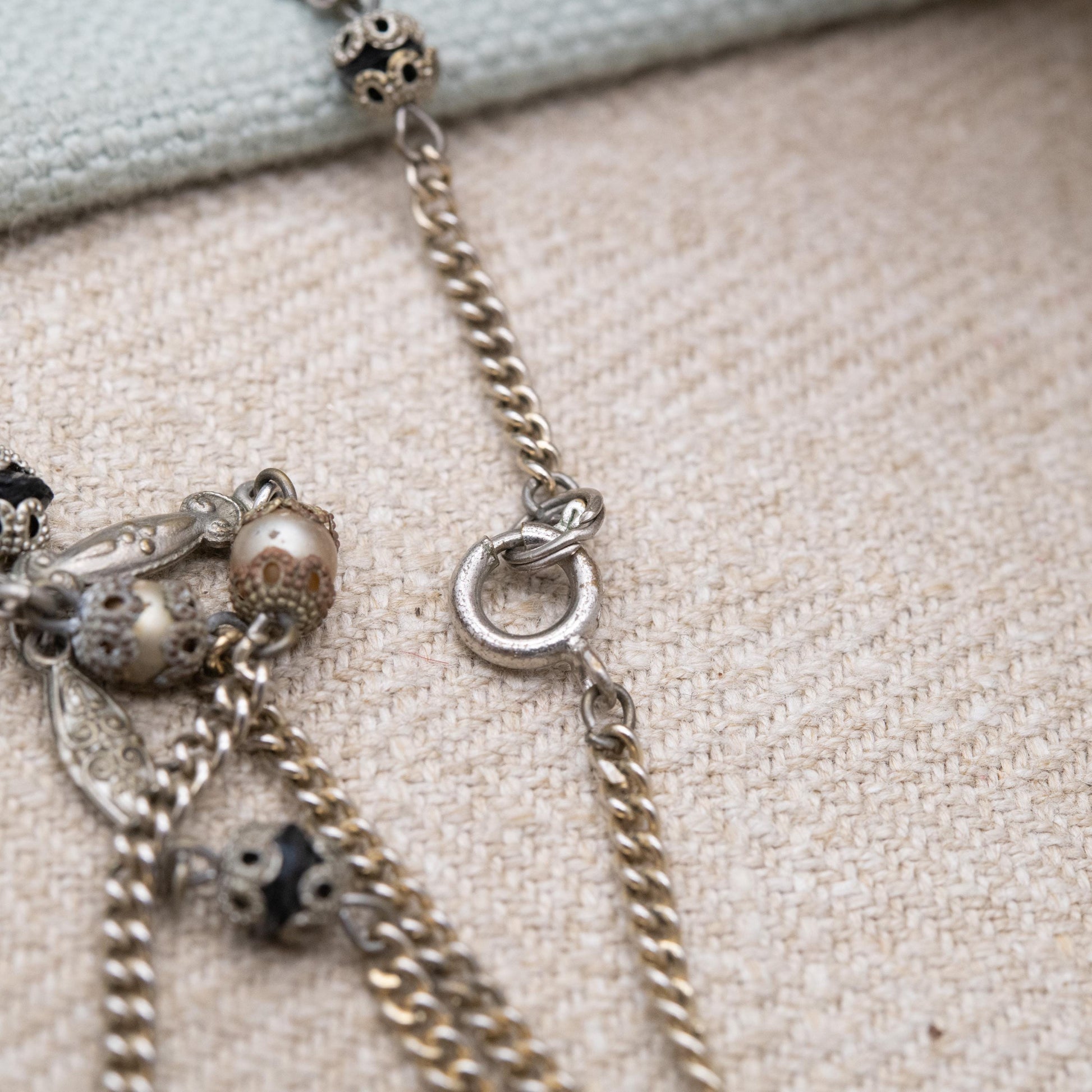 Vintage Czech Foiled Glass Necklace with Faux Pearls and Tassel Drop c. 1930s