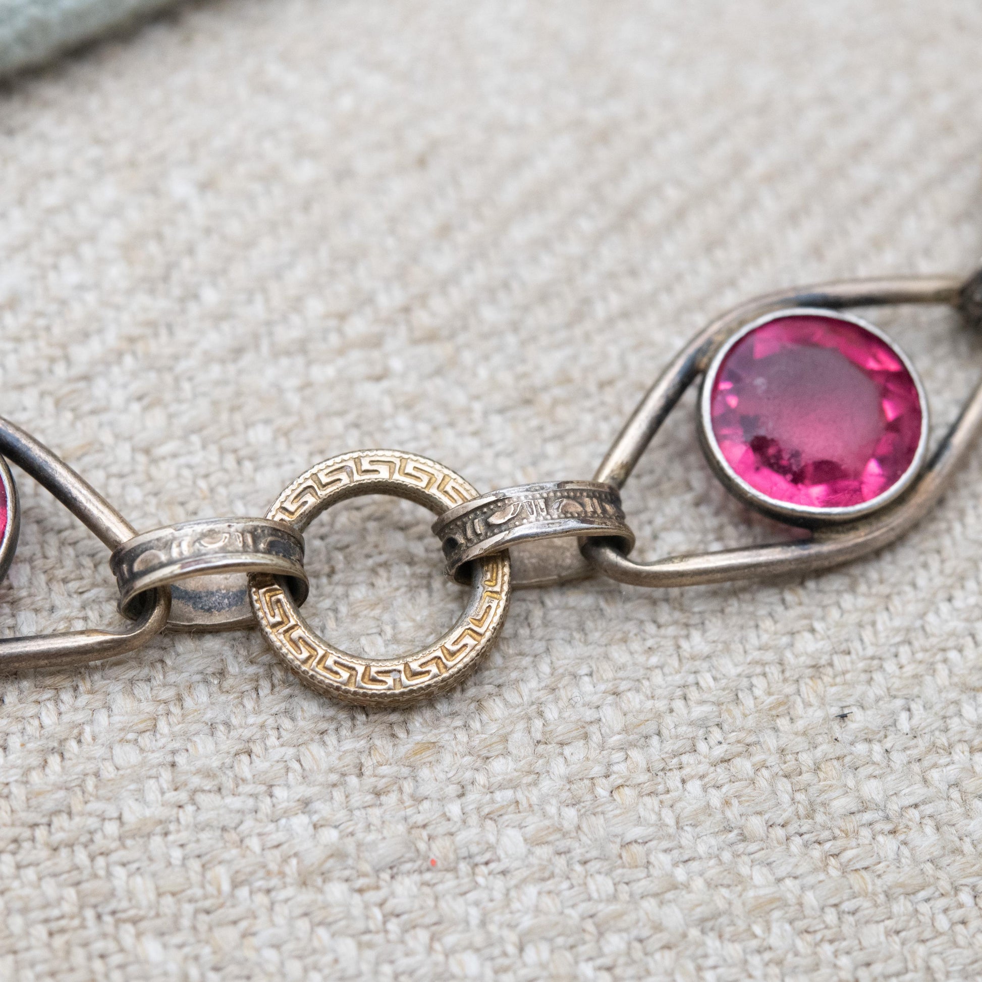 Vintage 12ct Rolled Gold and Silver Bracelet with Pink Paste Stones and Meander Links c. 1960s Signed