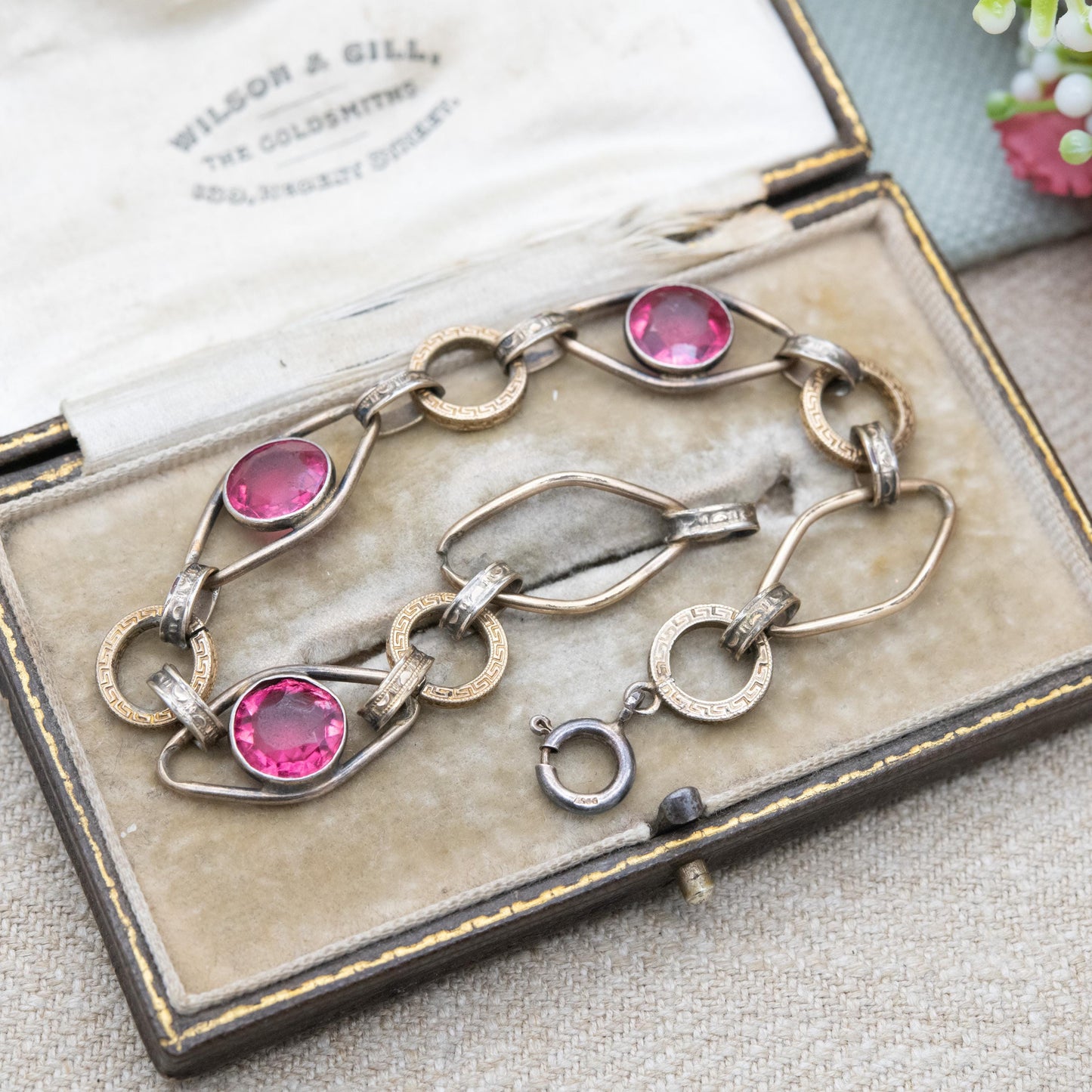 Vintage 12ct Rolled Gold and Silver Bracelet with Pink Paste Stones and Meander Links c. 1960s Signed