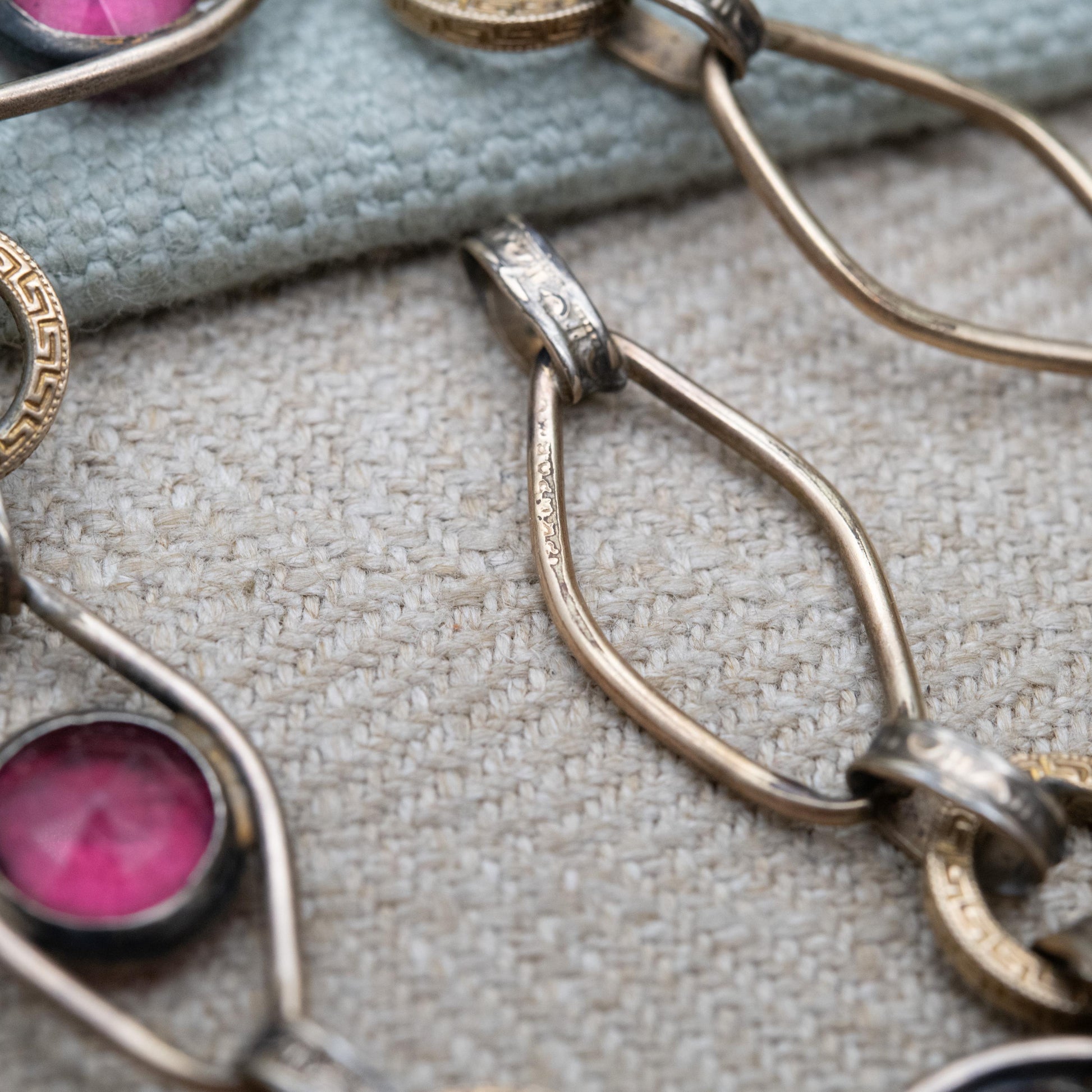 Vintage 12ct Rolled Gold and Silver Bracelet with Pink Paste Stones and Meander Links c. 1960s Signed