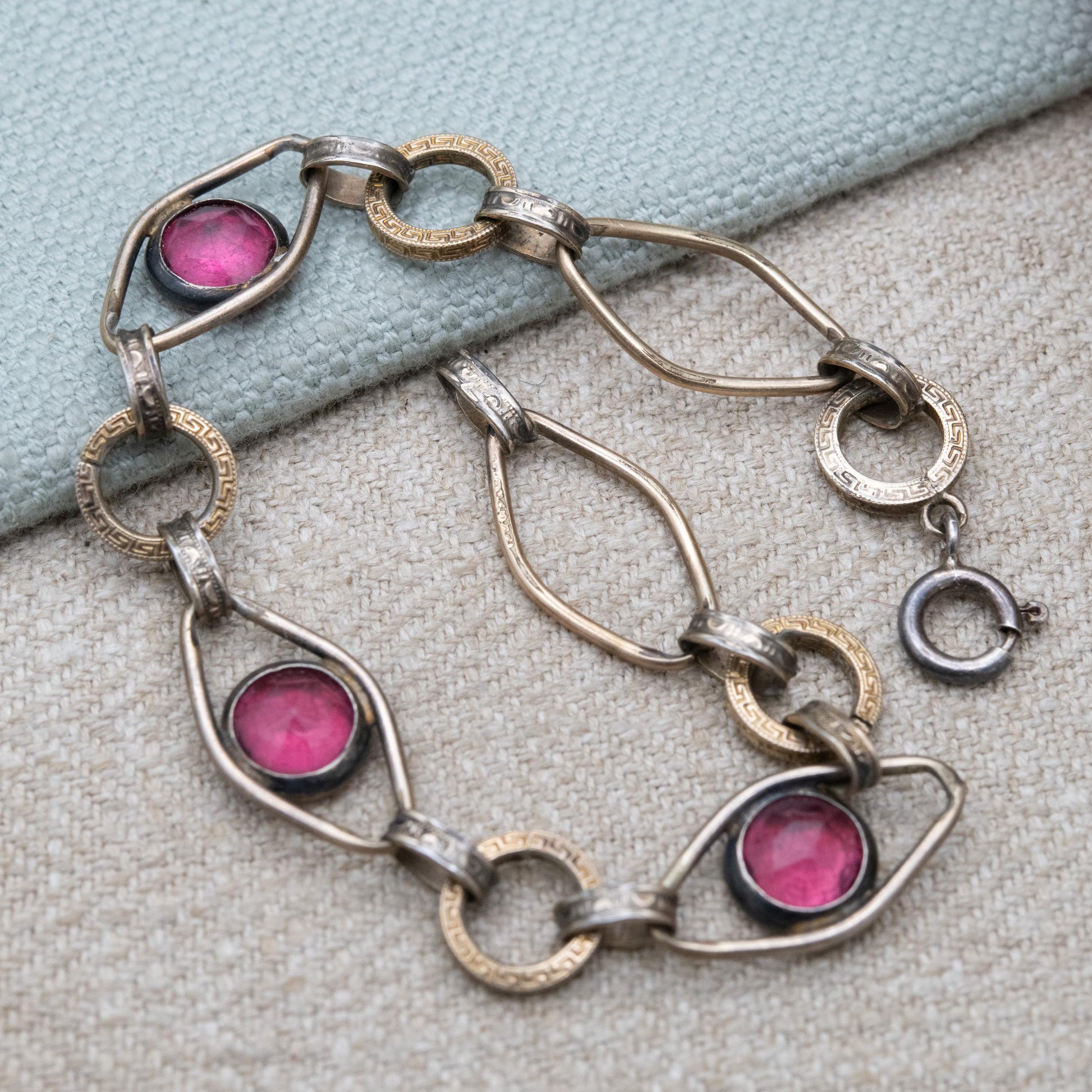 Vintage 12ct Rolled Gold and Silver Bracelet with Pink Paste Stones and Meander Links c. 1960s Signed