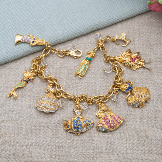 Disney Princess Charm Bracelet 24K Gold Plated with Swarovski Crystals by Bradford Gold Exchange