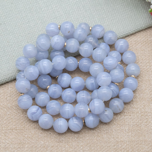 Vintage Blue Lace Agate Bead Necklace with Gold Spacers - 10mm Beads | Long Length 26"