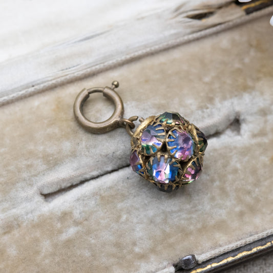 Vintage Czech Iris Glass Ball Charm c. 1930s with Spring Ring Clasp